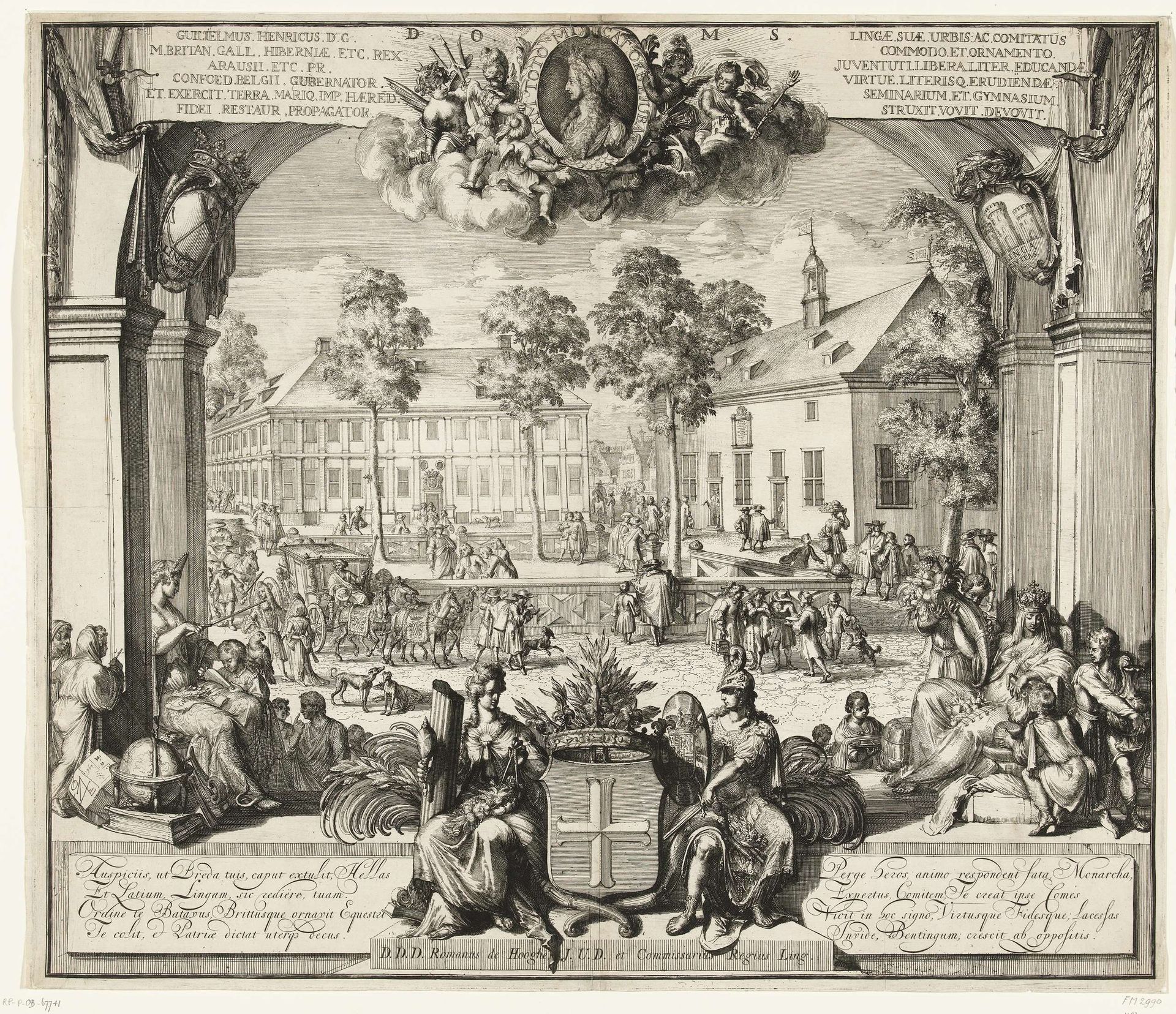 Seminarie en gymnasium te Lingen in Hannover opgericht door Willem III, ca. 1697 by Romeyn de Hooghe
