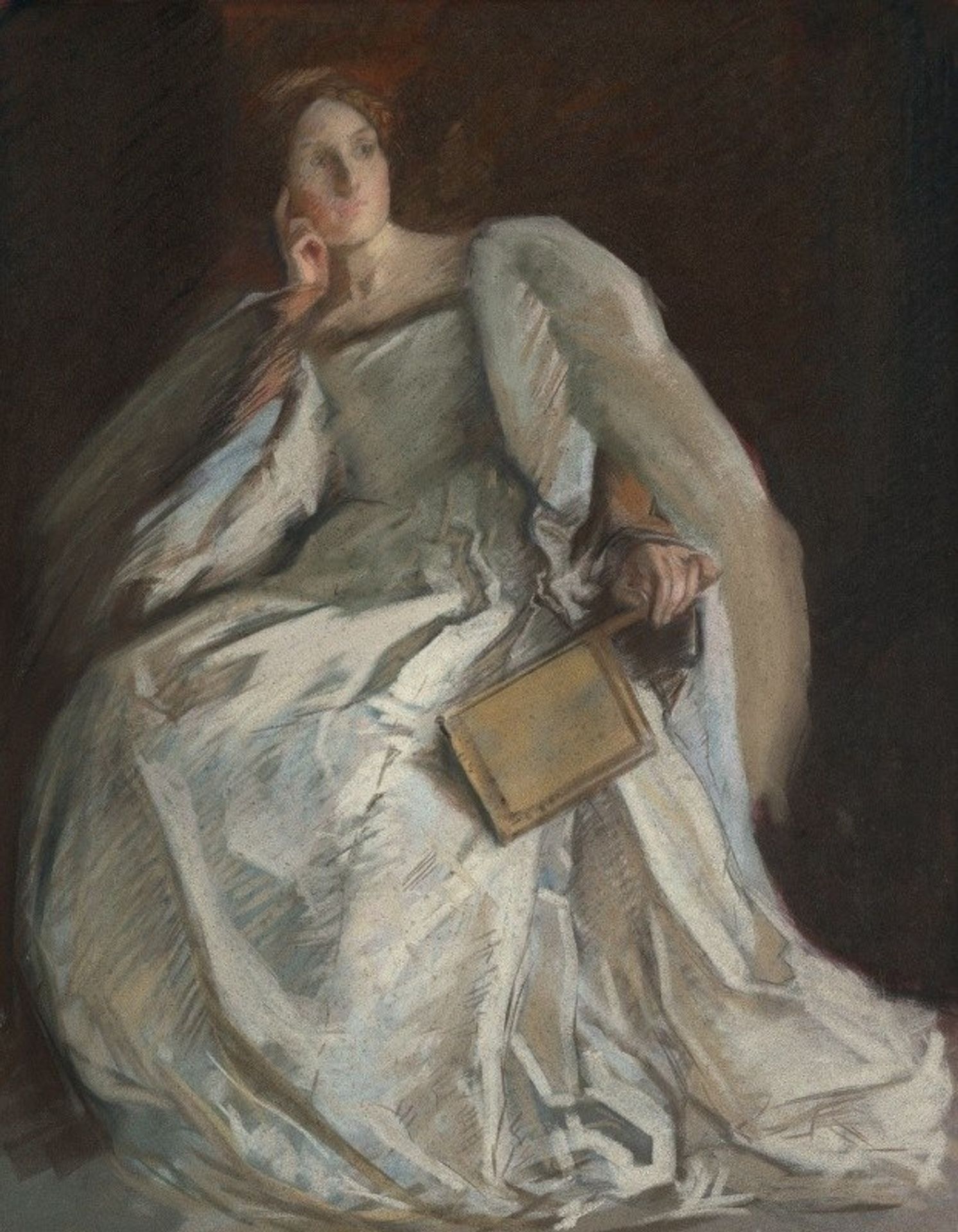 Lady in White Seated. Right Hand to Chin. Holding Fan. by Edwin Austin Abbey