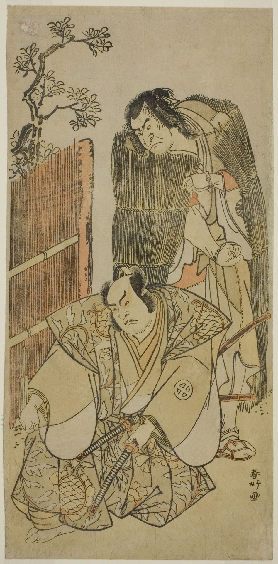 The Actors Nakamura Nakazo I as Kagekiyo Dressed as a Beggar (right), and Otani Hiroji III as Onio Shinzaemon (left), in the Play Kotobuki Banzei Soga, Performed at the Ichimura Theater in the Third Month, 1783 by Katsukawa Shunkō
