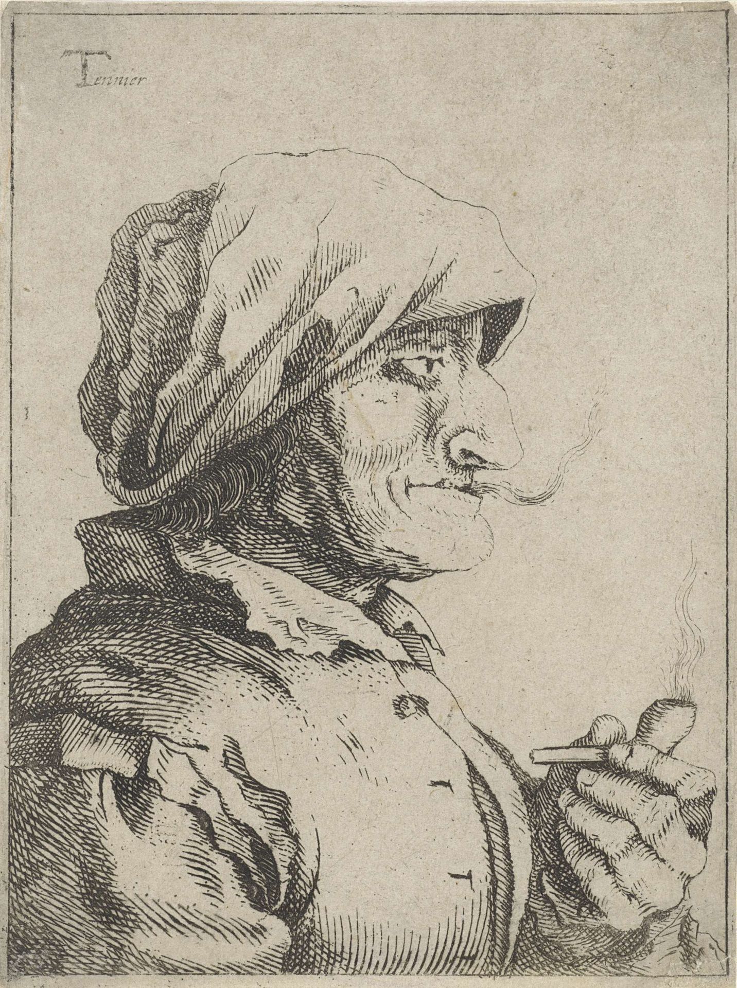 Oude vrouw rookt een pijp by Jan Lauwryn Krafft