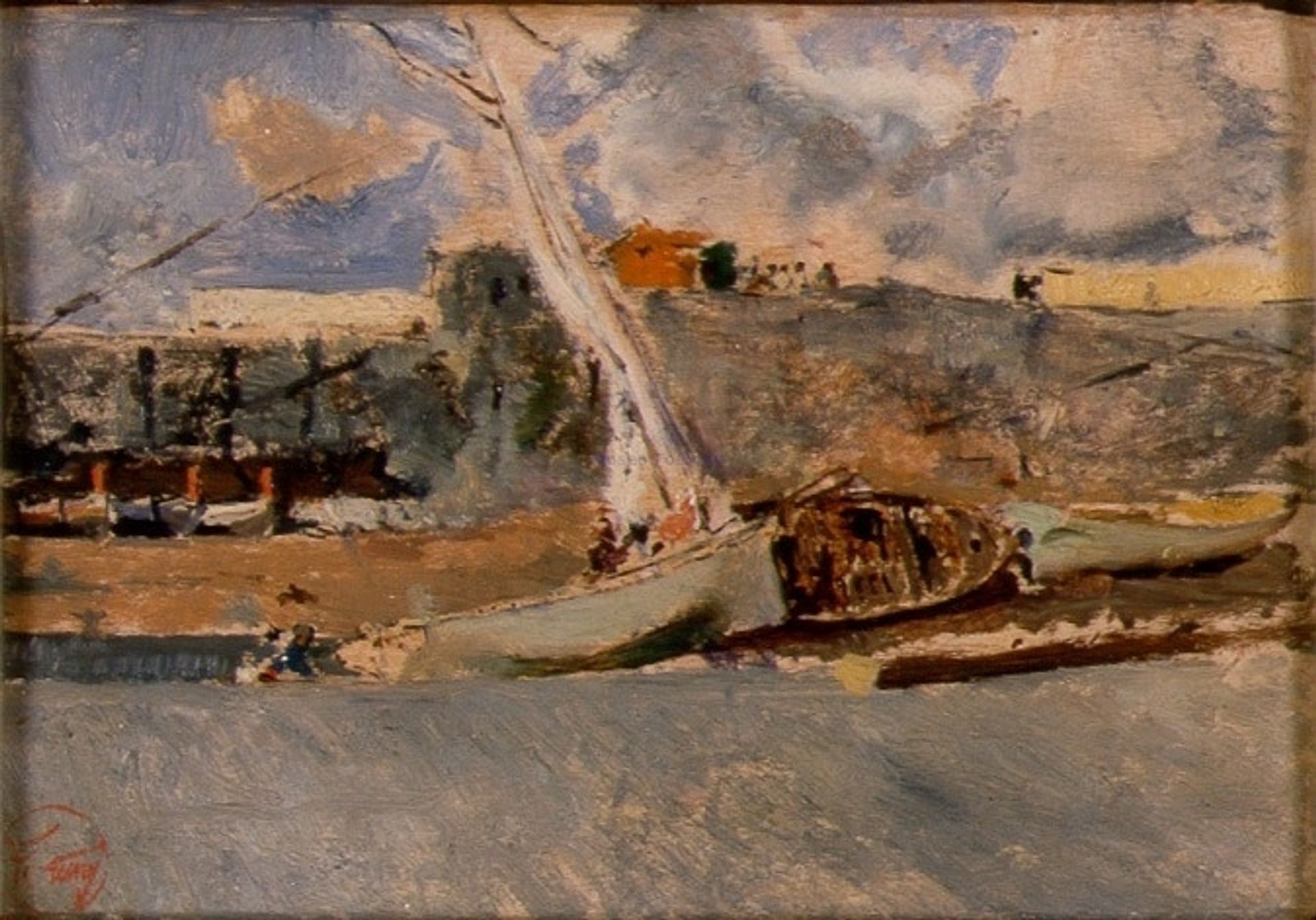 Landscape with boats by Mariano Fortuny Marsal