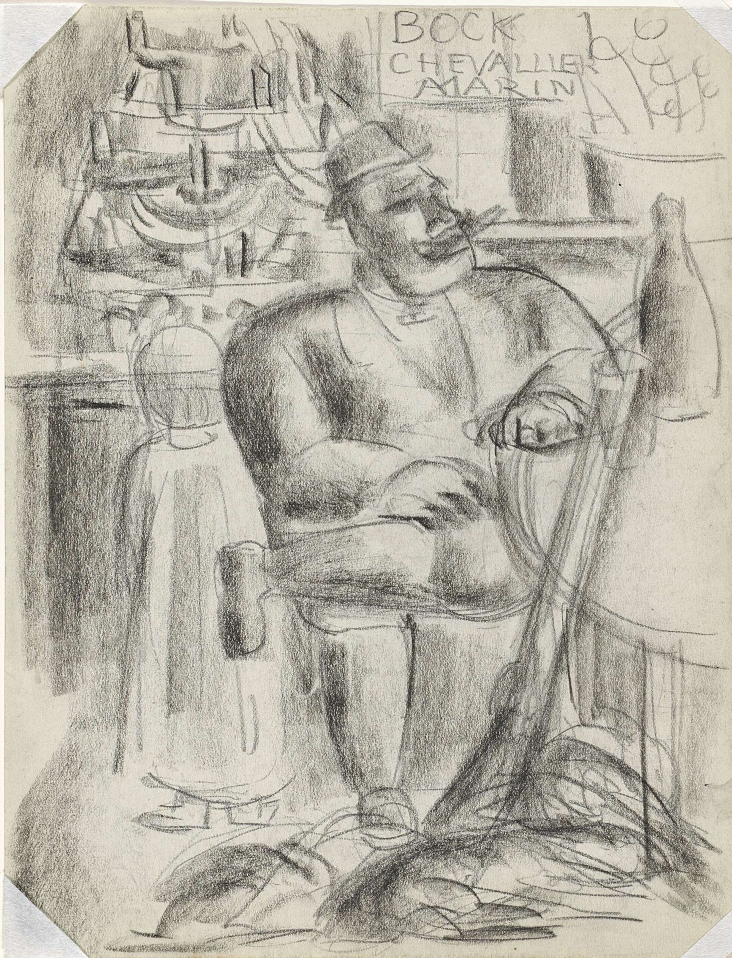 Jager zittend aan cafétafel, in zwart krijt by Leo Gestel