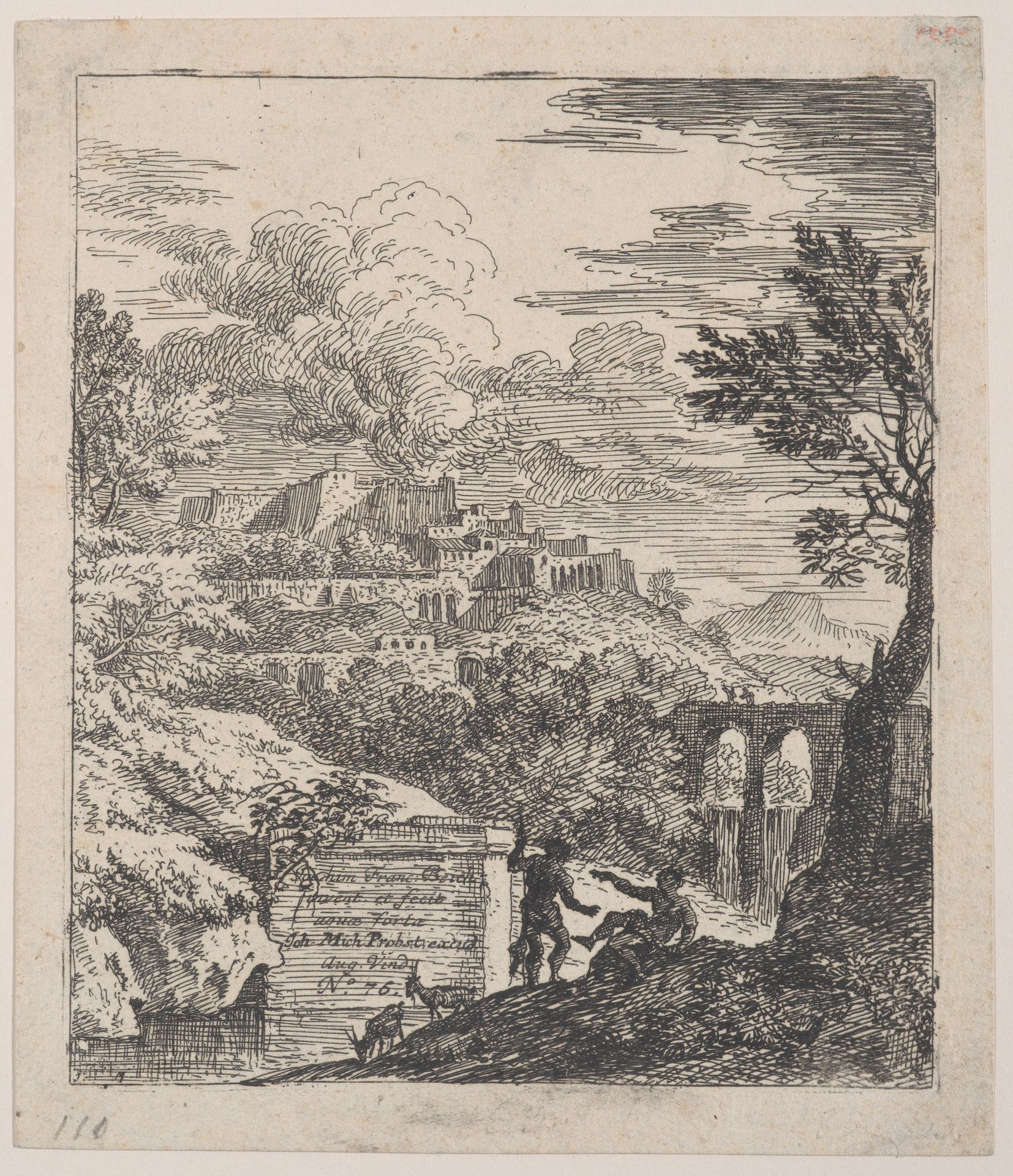 Two shepherds resting next to a pedestal, an aqueduct at right in the background, and a city on a hill at left in the background, from 'Landscapes in the manner of Gaspar Dughet' by Franz Joachim Beich