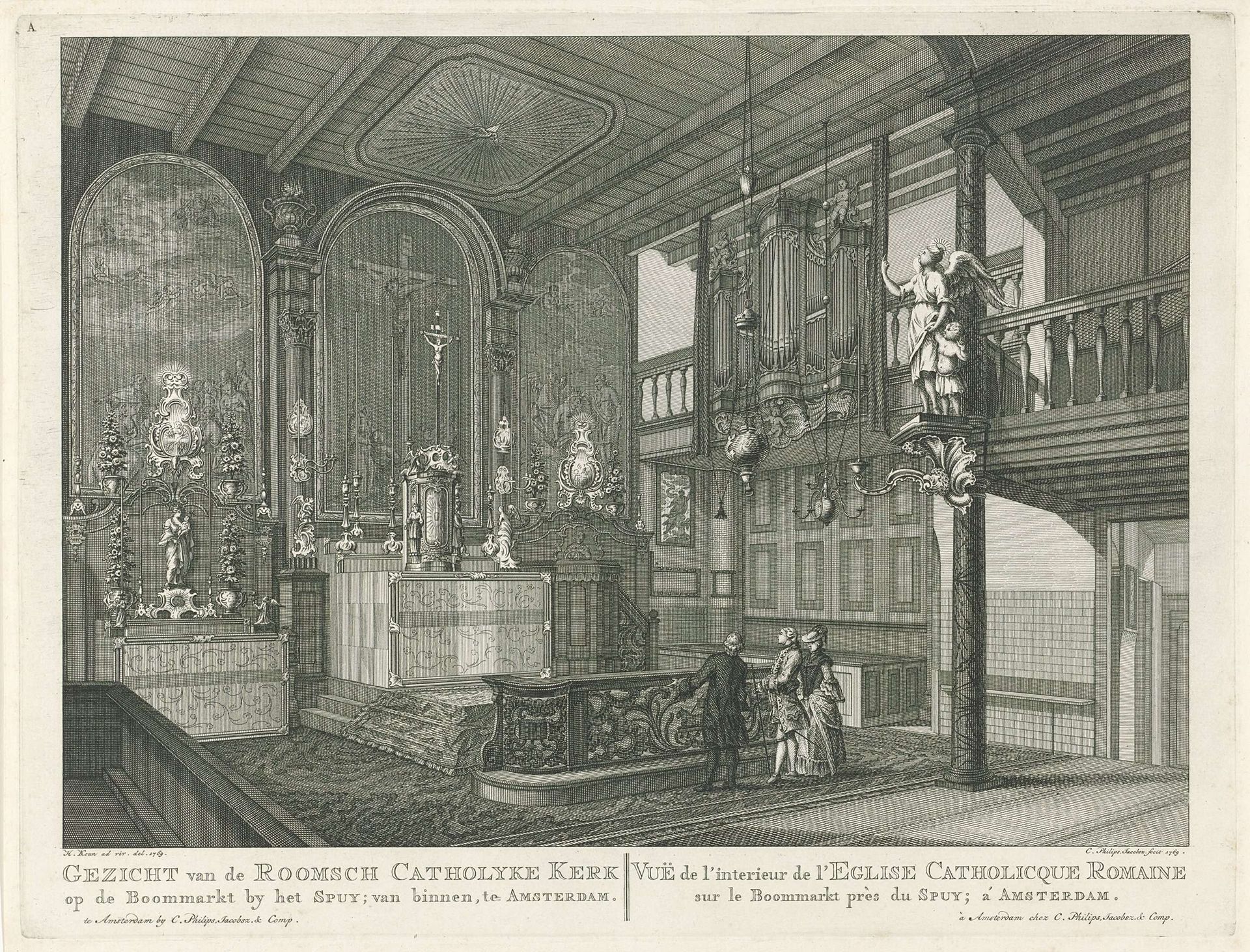 Interieur van de Rooms Katholieke schuilkerk op de Boommarkt te Amsterdam by Caspar Jacobsz. Philips