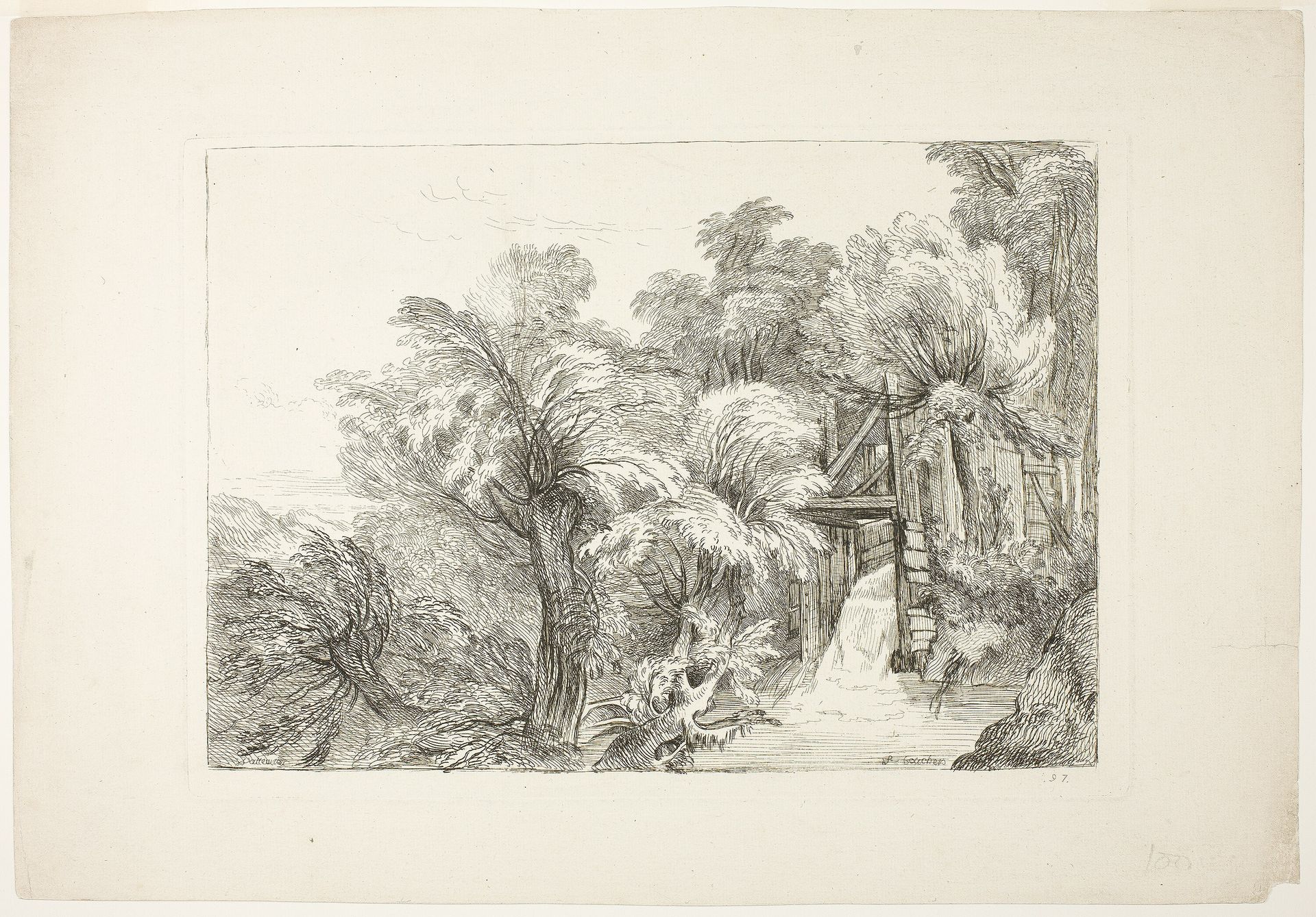 A Mill Lock in the Middle of Willows, plate 97 from Figures de différents caractères, de Paysages, et d’Etudes dessinées d'après nature (Figures of Different Characters, Landscapes, and Studies Drawn from Nature) by Francois Boucher