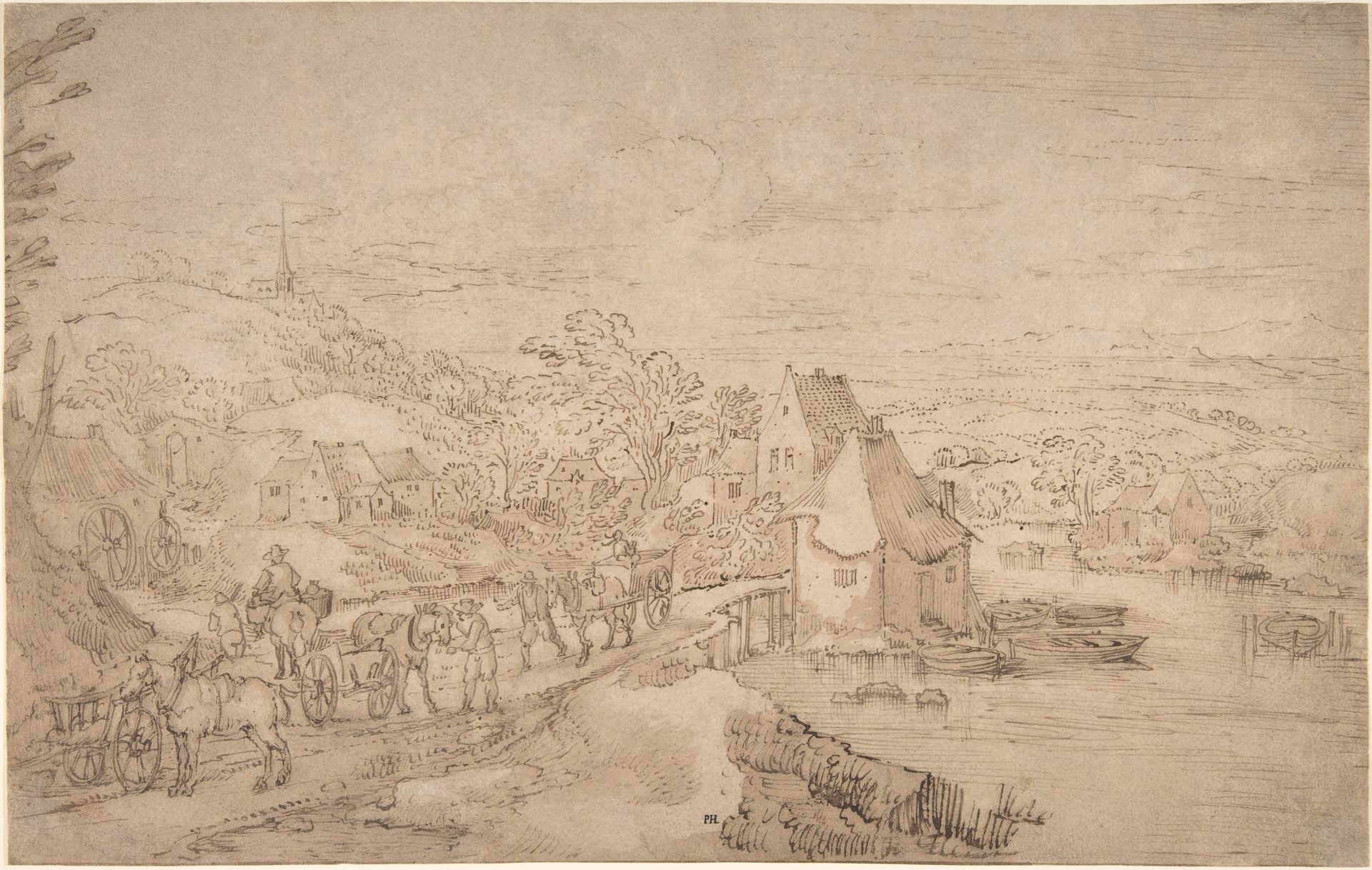 River Landscape with Wagons on a Road near a Village by Joos de Momper the Younger
