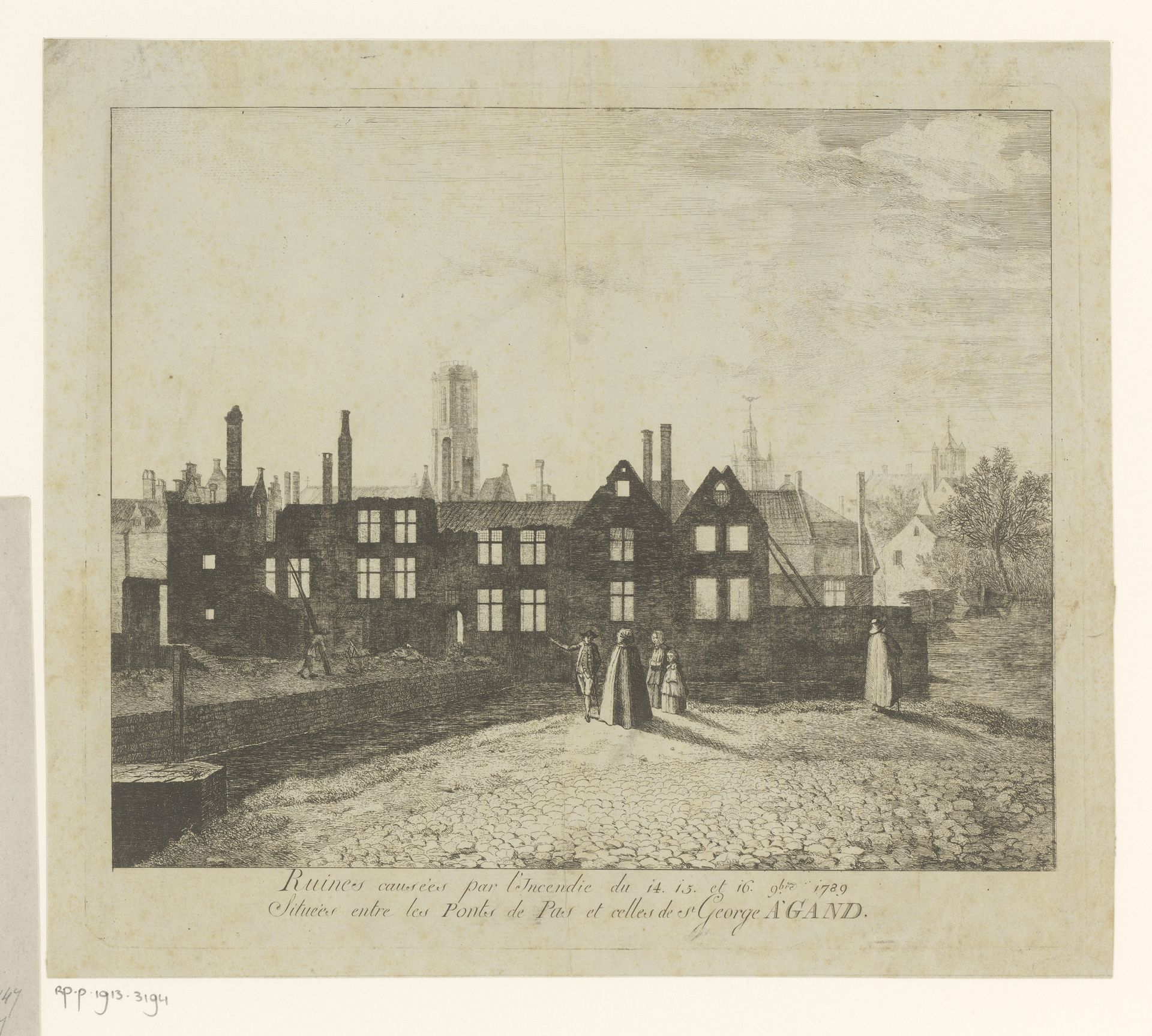 Ruïnes na een brand tussen de Pasbrug en Sint-Jorisbrug in Gent by Jacques André Joseph Trachez