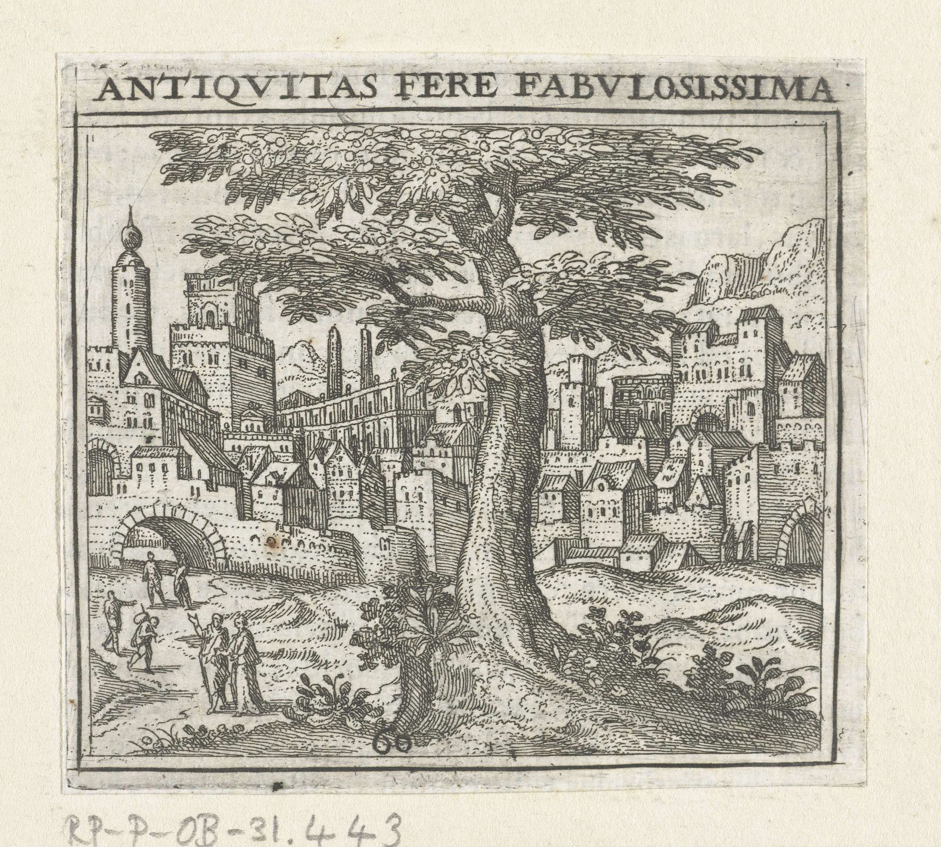Groepje wandelaars in een park buiten de stadsmuren by Theodor de Bry