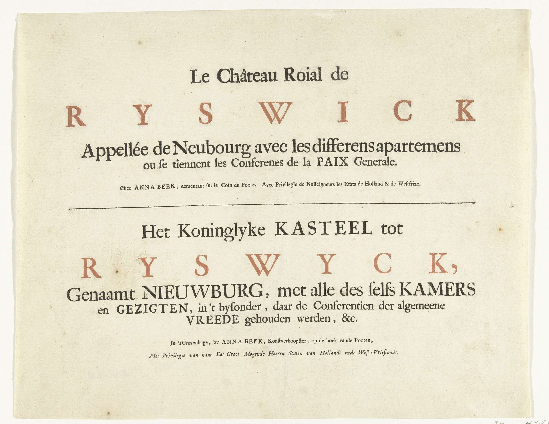 Titelblad voor de prentserie over het Huis ter Nieuburch in Rijswijk en de vredesonderhandelingen, 1697 by Anna Beeck