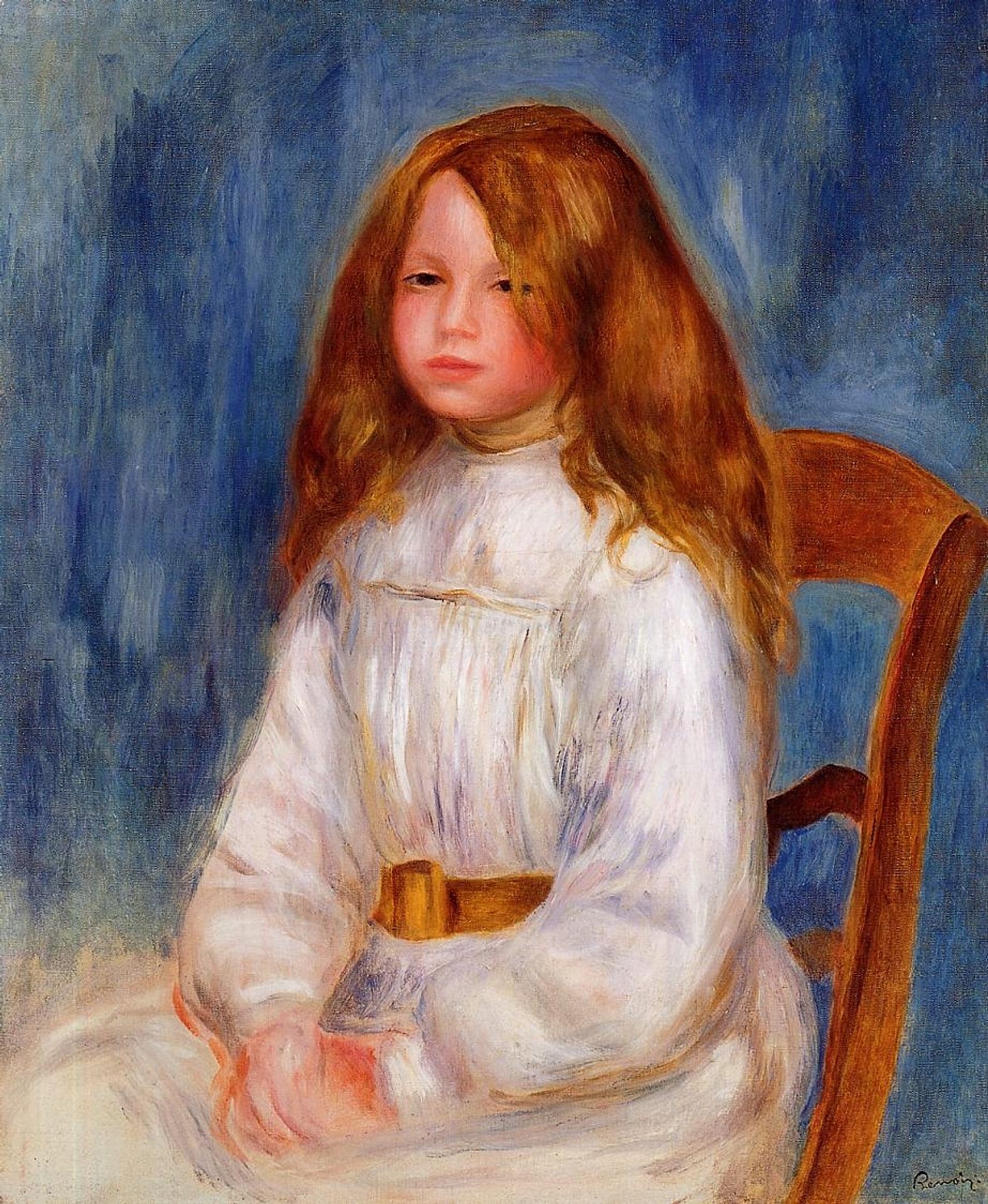 Seated Little Girl with a Blue Background by Pierre-Auguste Renoir