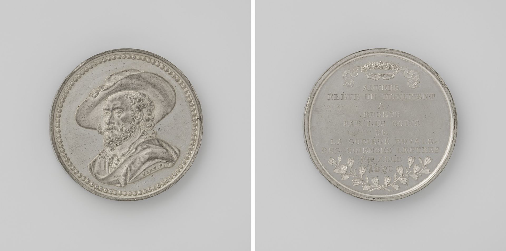 Oprichting van een standbeeld voor de schilder Pieter Paul Rubens te Antwerpen, penning geslagen op last van de Societe Royale des Sciences, Lettres et Arts te Antwerpen by Laurent Joseph Hart