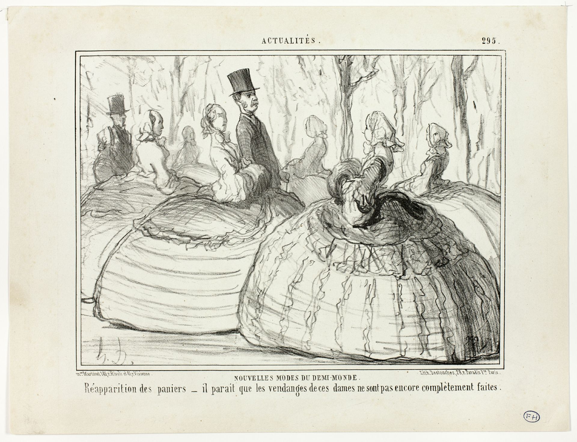 New Fashion of the Half-World. Reappearance of the baskets – it seems that these ladies are not yet quite done with their harvest, plate 295 from Actualités by Honoré Daumier