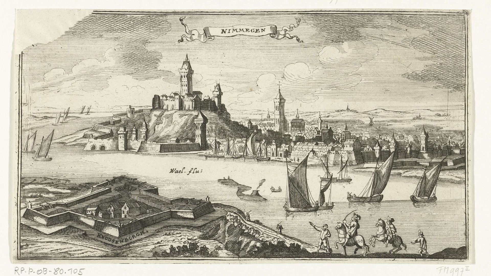 Gezicht op Nijmegen en het fort Knodsenburg by Gaspar Bouttats