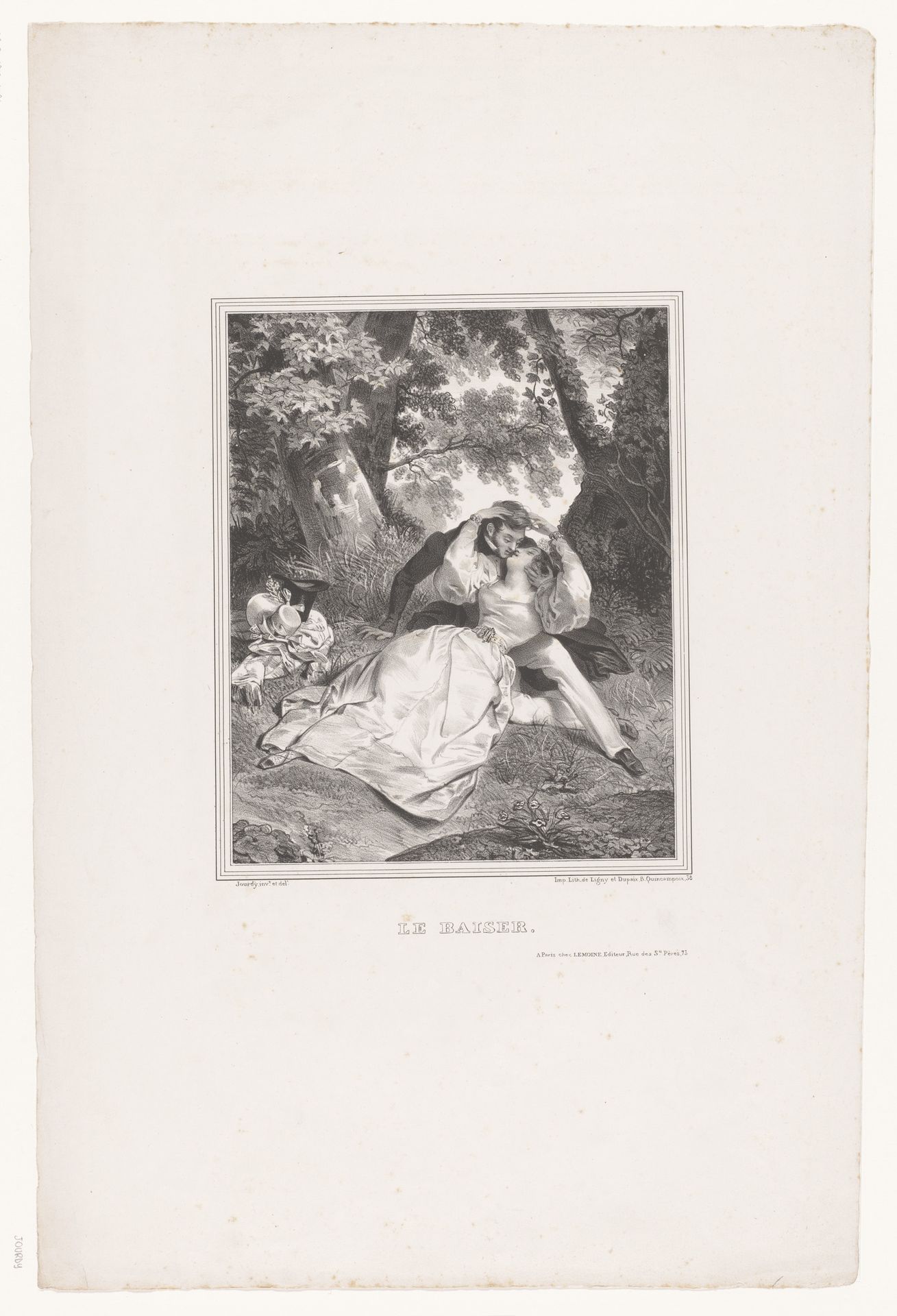 Twee geliefden kussen elkaar in het gras onder de bomen by Paul Jourdy