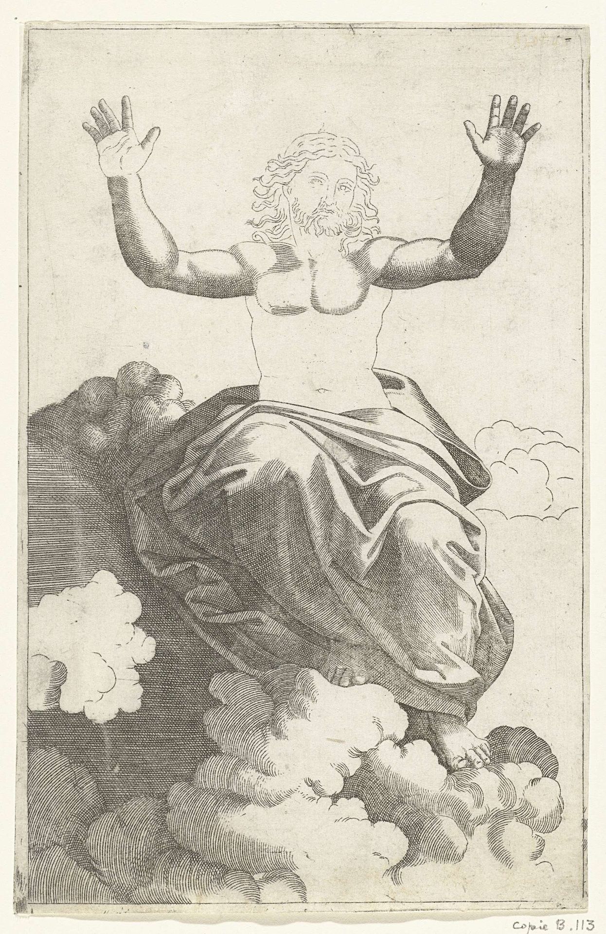 Christus zittend op wolken met opgeheven armen by Anonymous