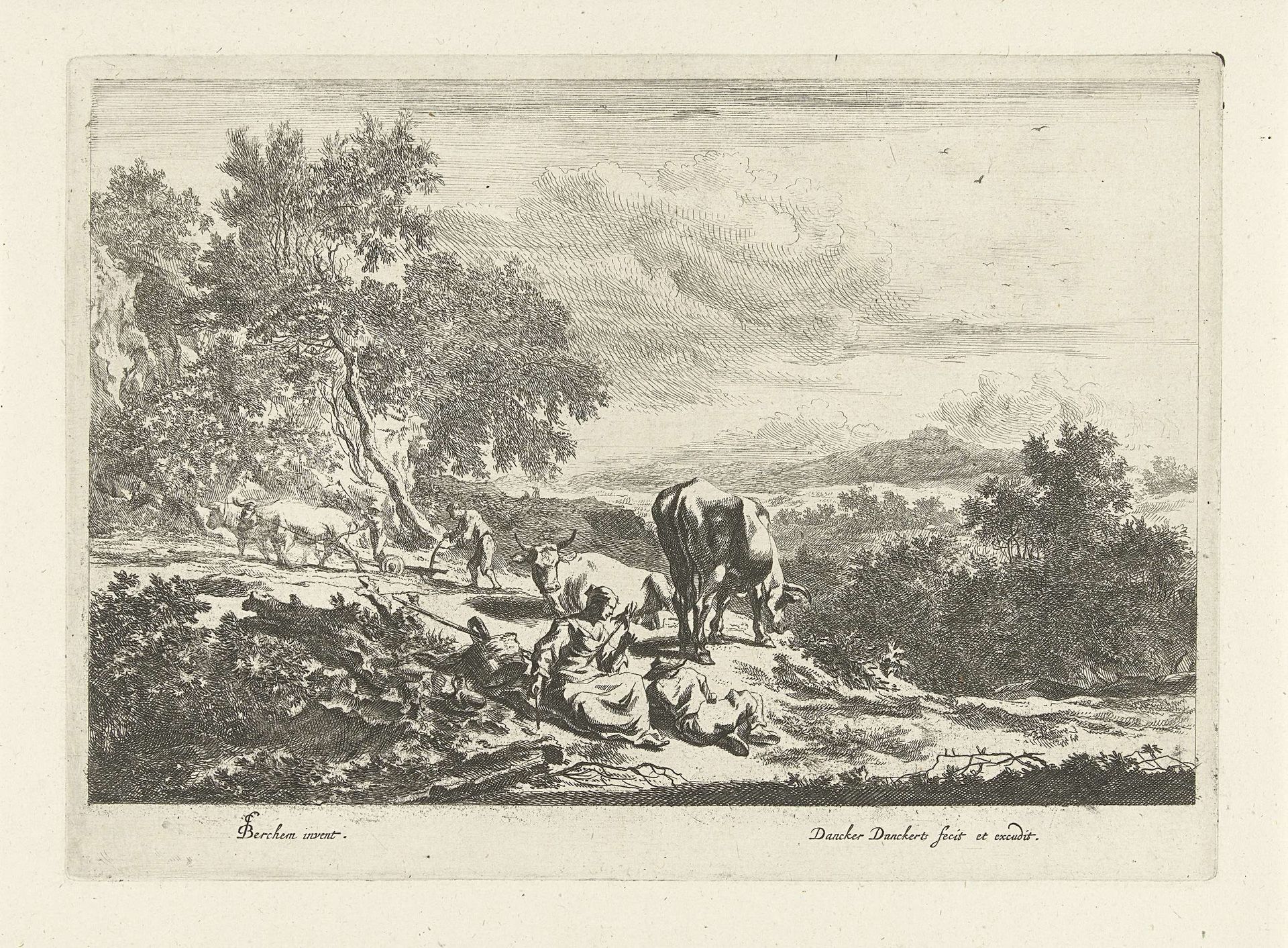 Italiaans landschap met spinnende vrouw en ploegende boer by Dancker Danckerts