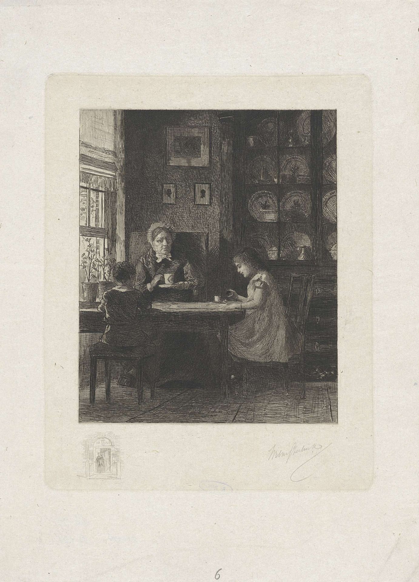 Moeder met twee kinderen aan tafel by Willem (II) Steelink