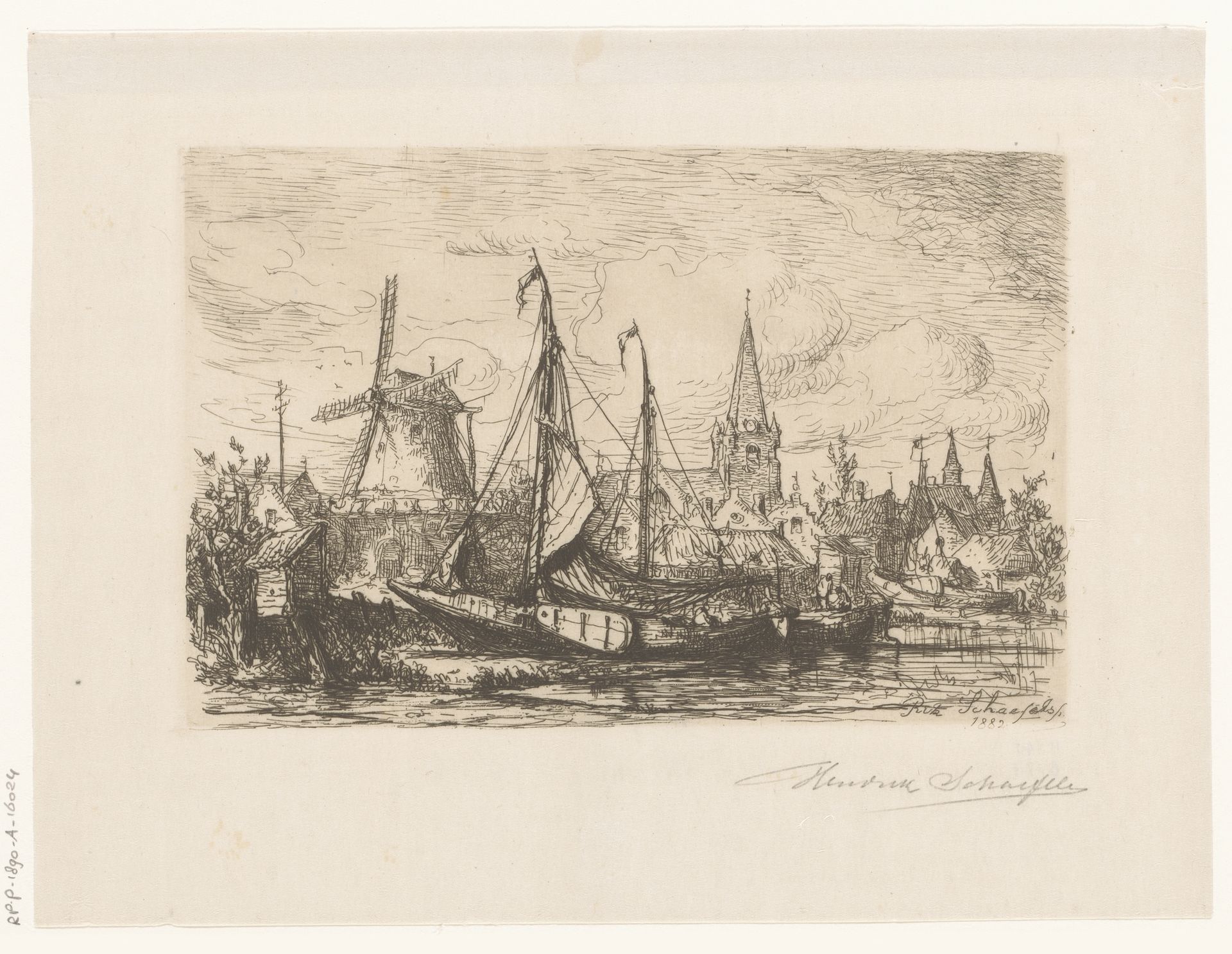 Twee boten langs de kant bij een dorp met windmolen by Henri François Schaefels