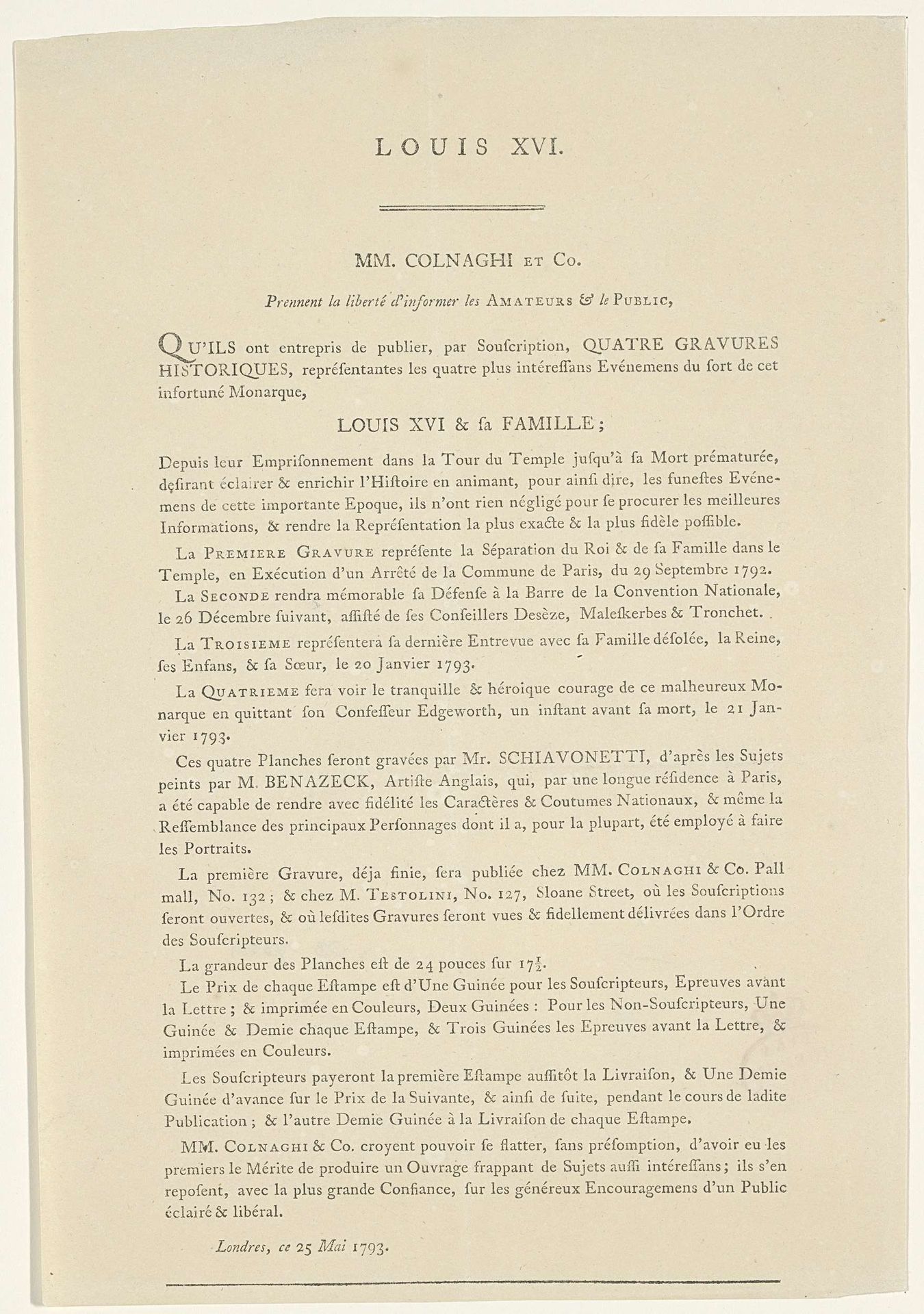 Aankondiging van de prentreeks over de laatste dagen van Lodewijk XVI door Luigi Schiavonetti by Colnaghi & Co
