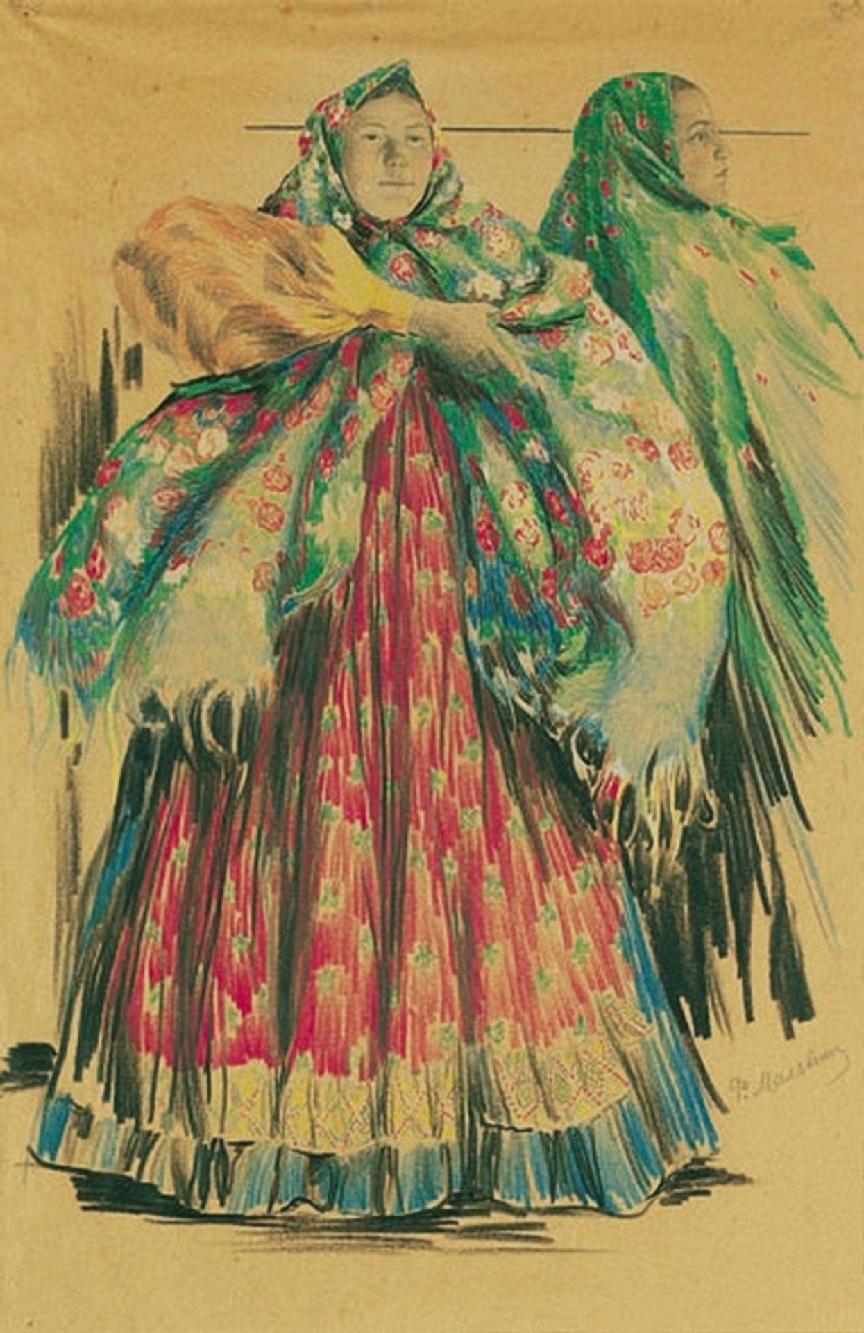 Two young peasant women in colorful shawls by Filipp Malyavin