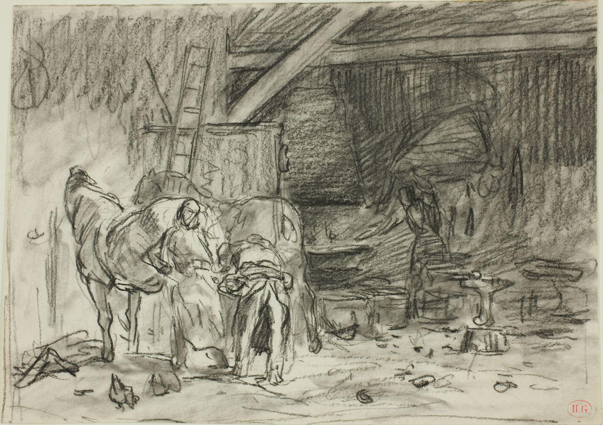 Interior of a Blacksmith's Shop (recto); Man Bending Over, Seen from Read (verso) by Charles Jacque