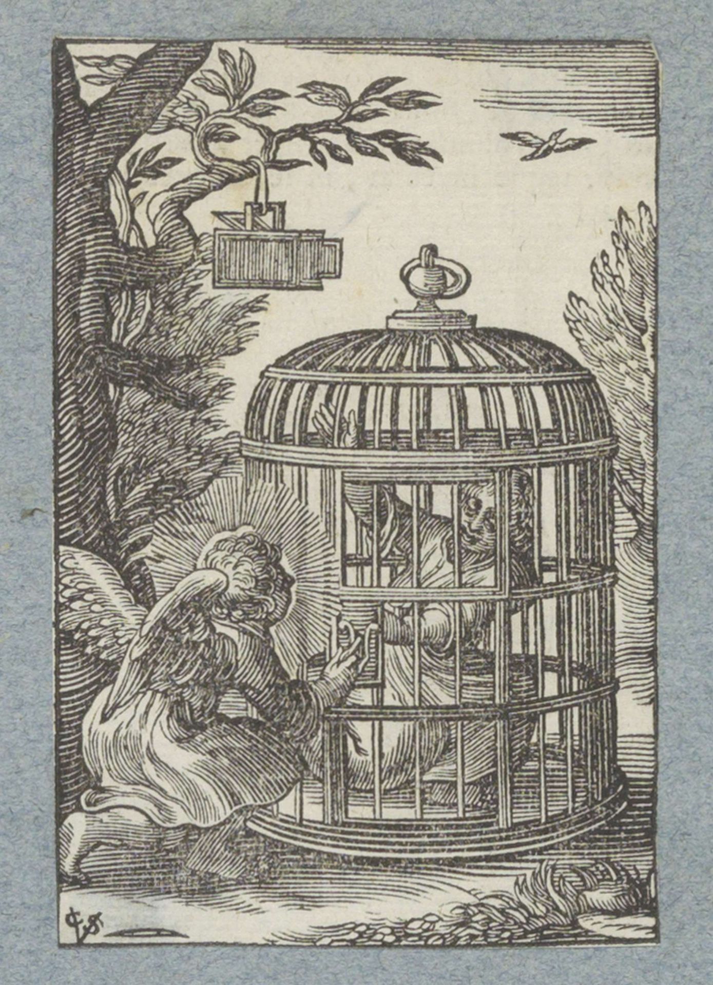 Engel bevrijdt kind uit gevangenschap in kooi by Christoffel van (II) Sichem