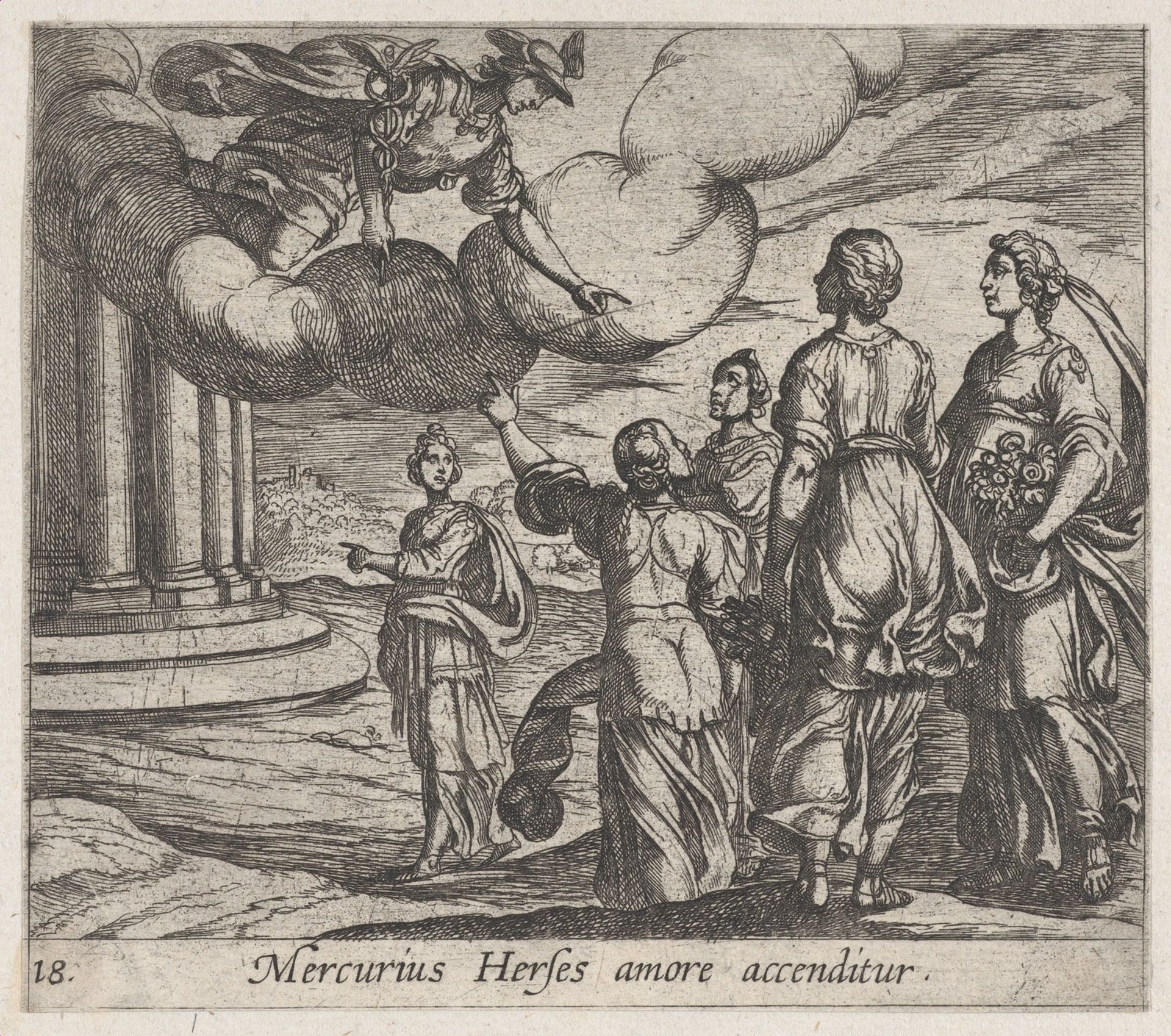 Plate 18: Mercury Falling in love with Herse (Mercurius Herses amore accenditur), from Ovid's 'Metamorphoses' by Antonio Tempesta