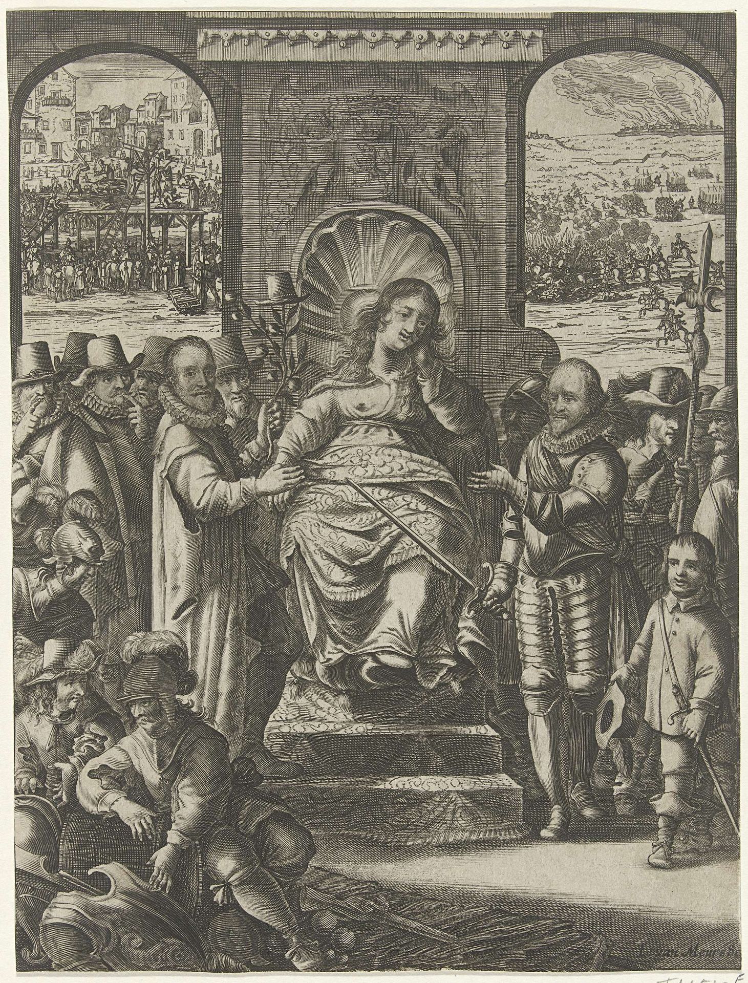 Allegorische titelprent met de Nederlandse Maagd geflankeerd door Willem van Oranje en prins Maurits by Jacob van Meurs
