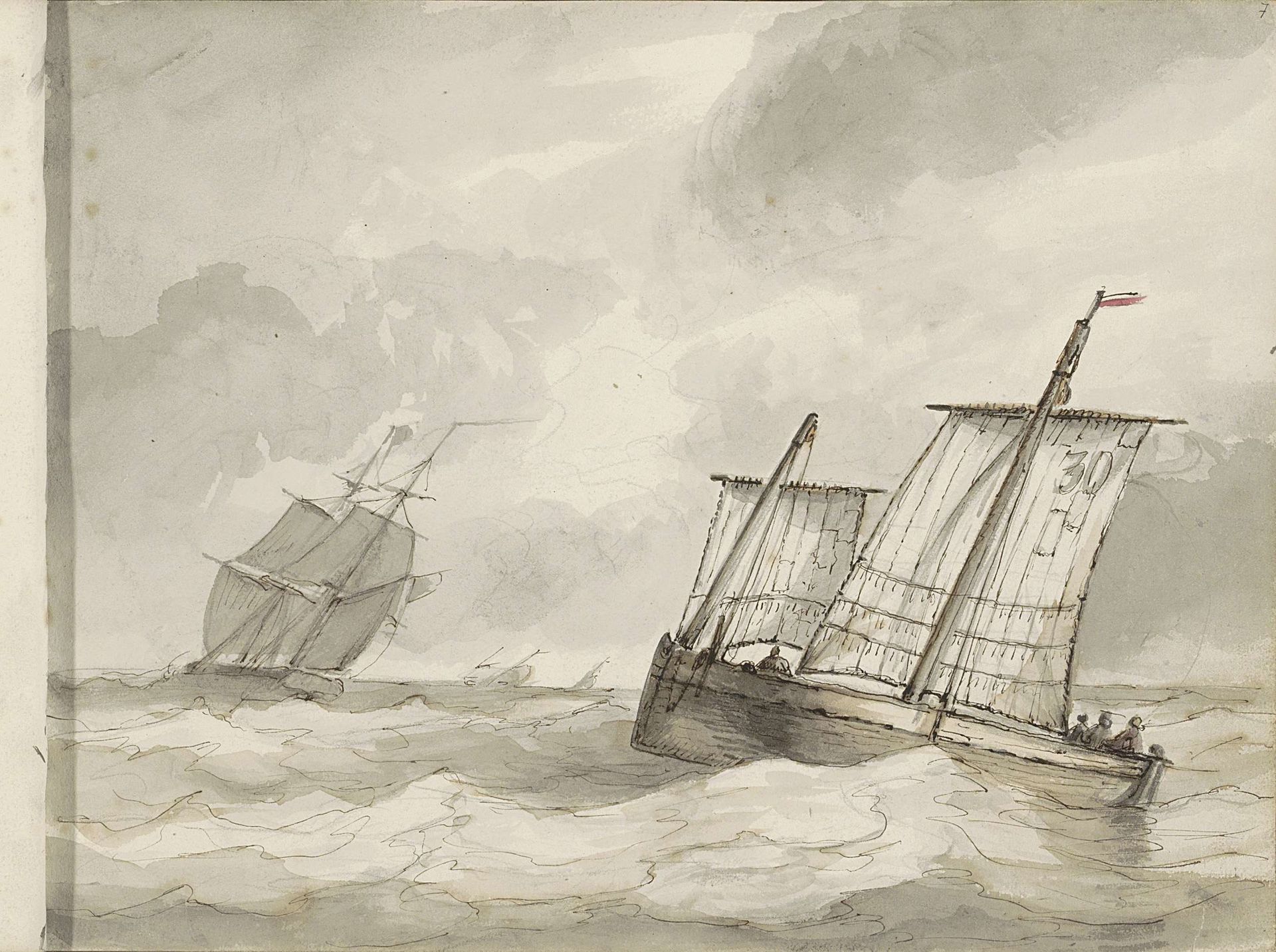 Zeilschepen op een woelige zee by Petrus Johannes Schotel