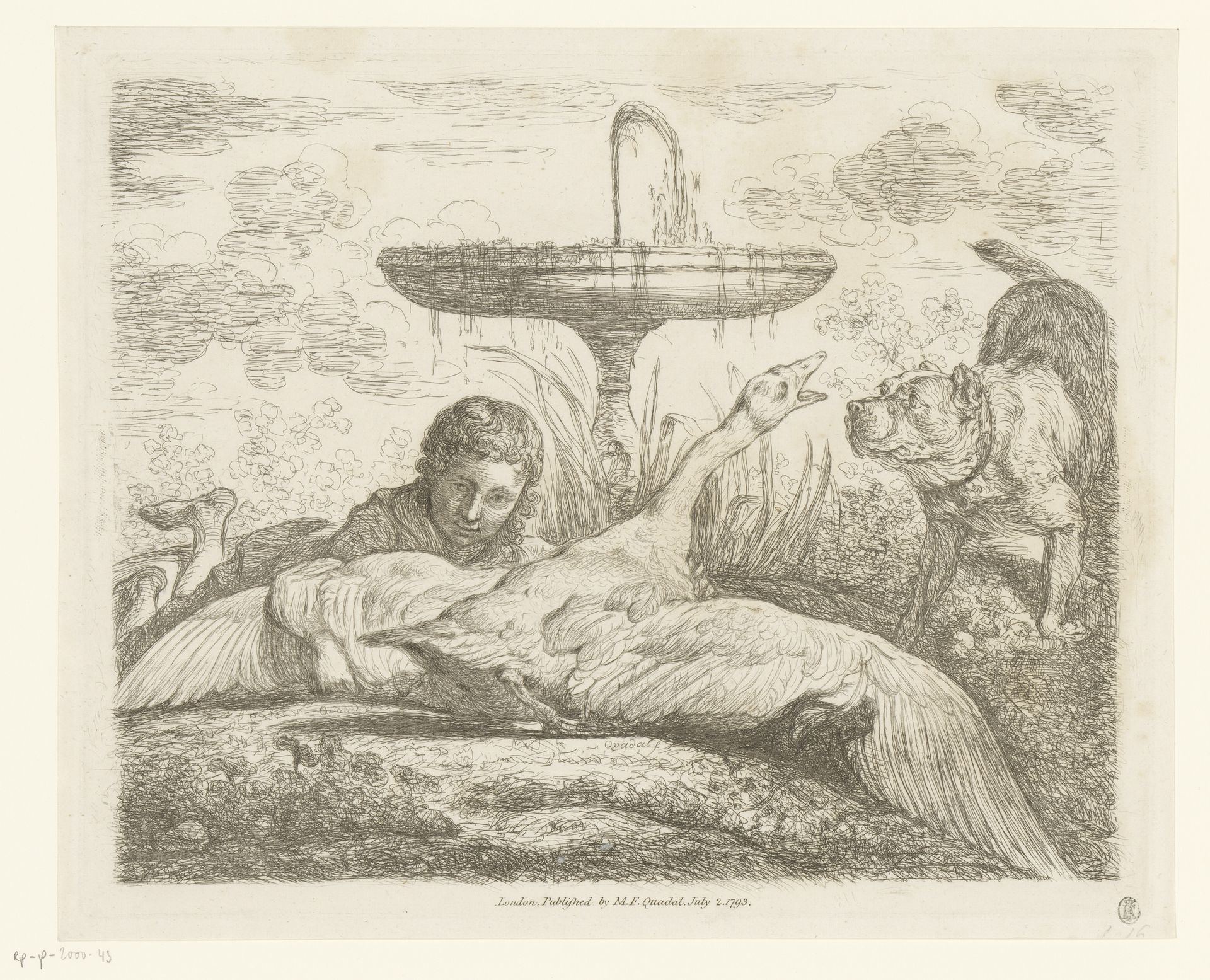 Zwaan, hond en jongen bij een fontein by Martin Ferdinand Quadal