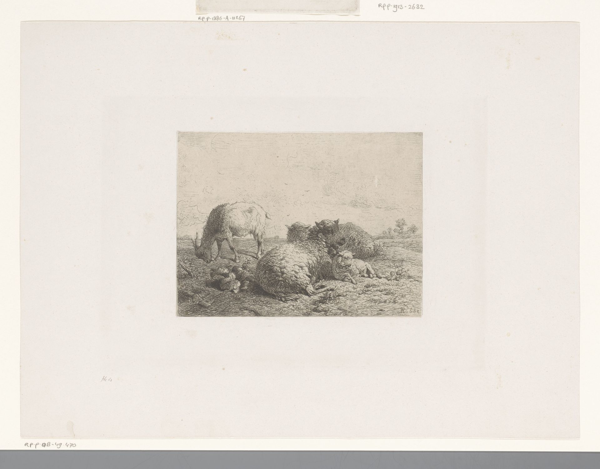Geit, twee schapen en een lam in een weide by Louis Robbe