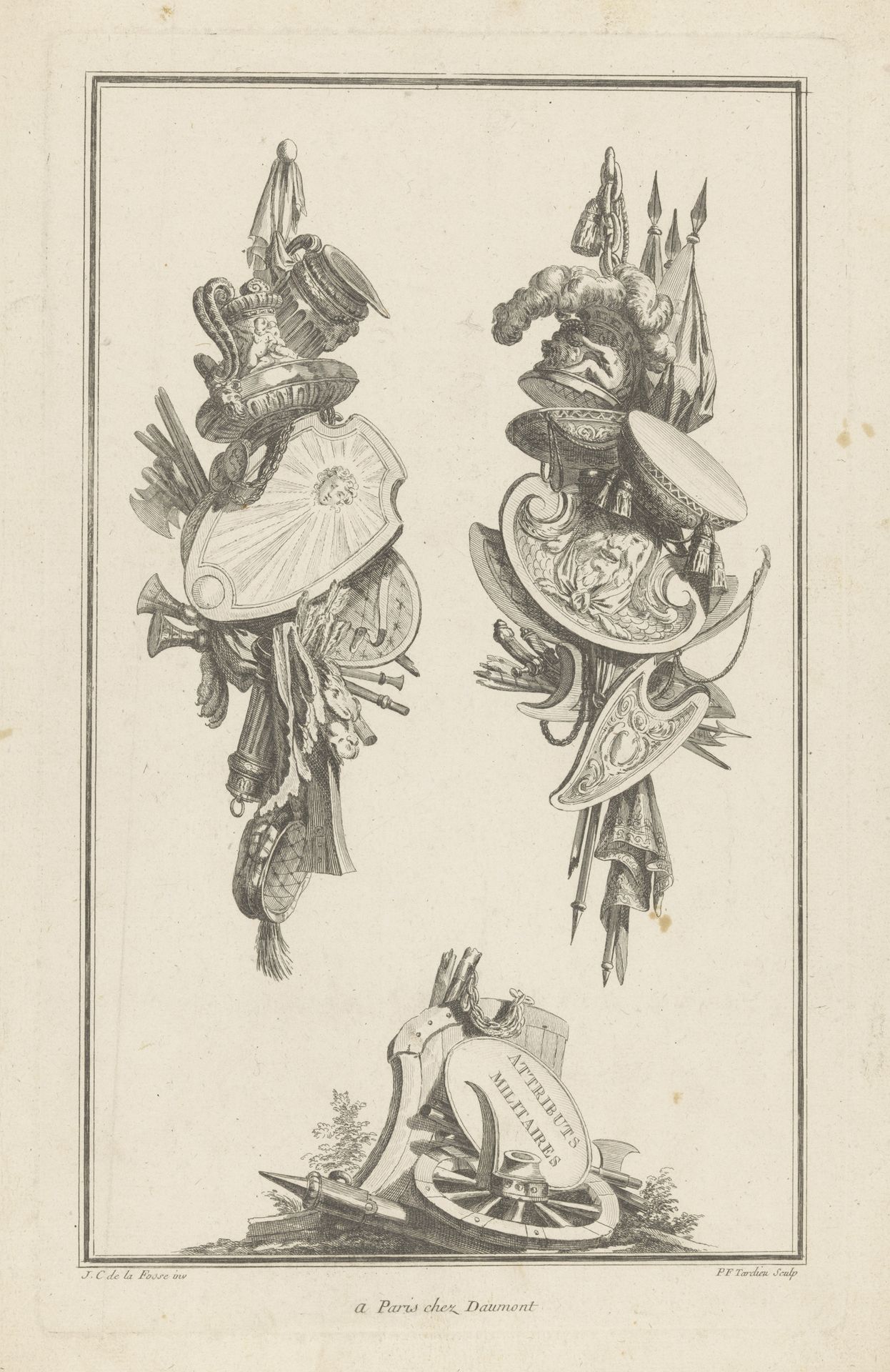 Trofeeën met schild en pluimenhelm by Pierre François Tardieu