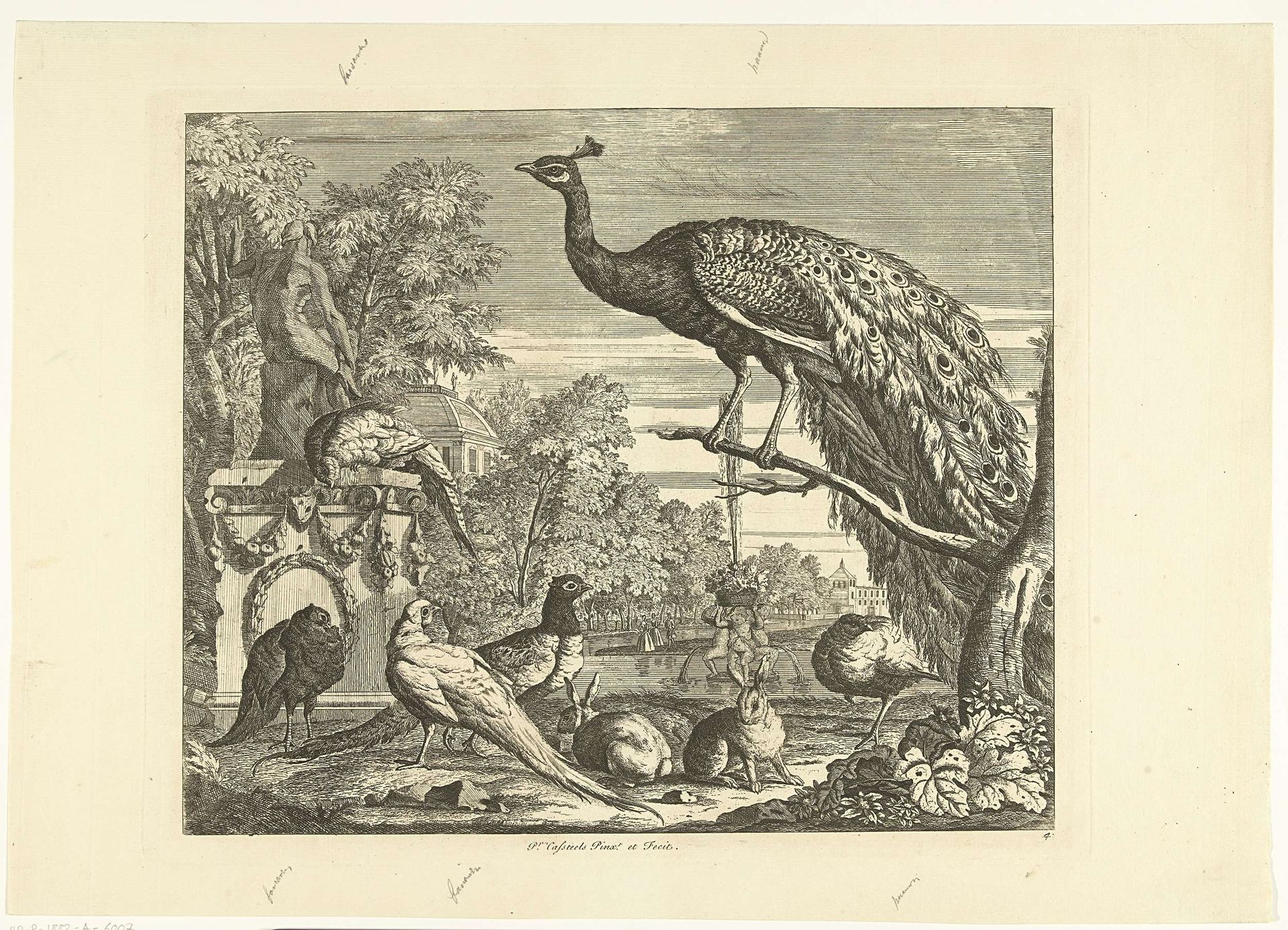 Pauw, konijnen en andere vogels bij een tuinfontein by Peter (III) Casteels