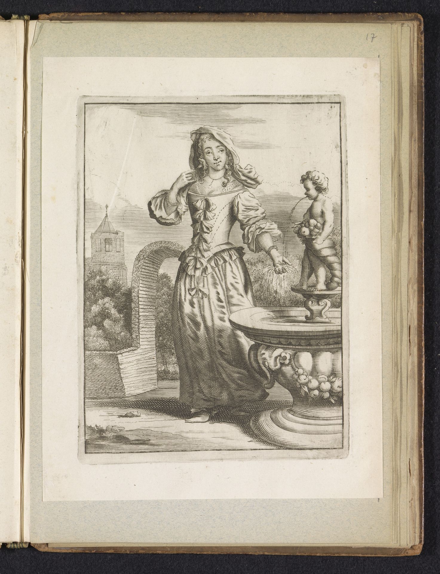 Dame, staand naast fontein, gekleed volgens de mode van omstreeks 1660 by Jan van Troyen