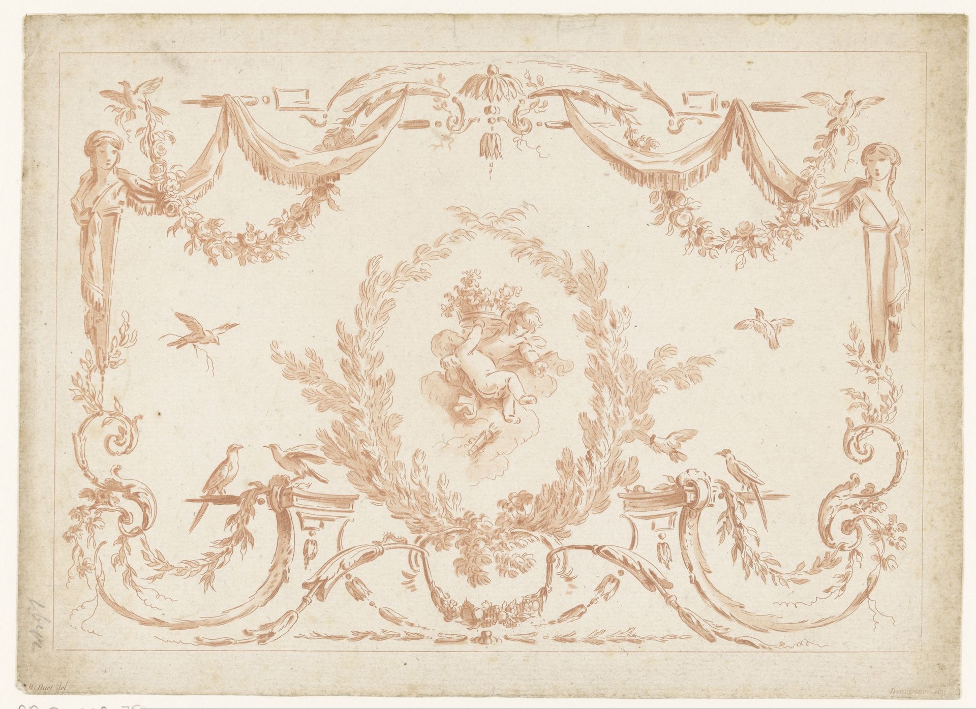 Putti met bloemenmand en arabesken by Gilles Demarteau