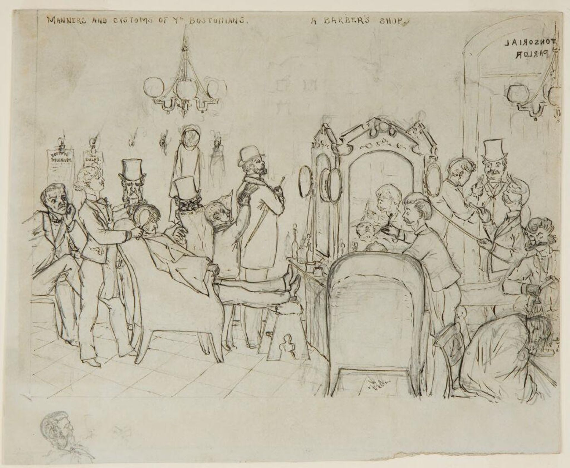 A Barber's Shop, from "Manners and Customs of Ye Bostonians" by Francis Gilbert Attwood