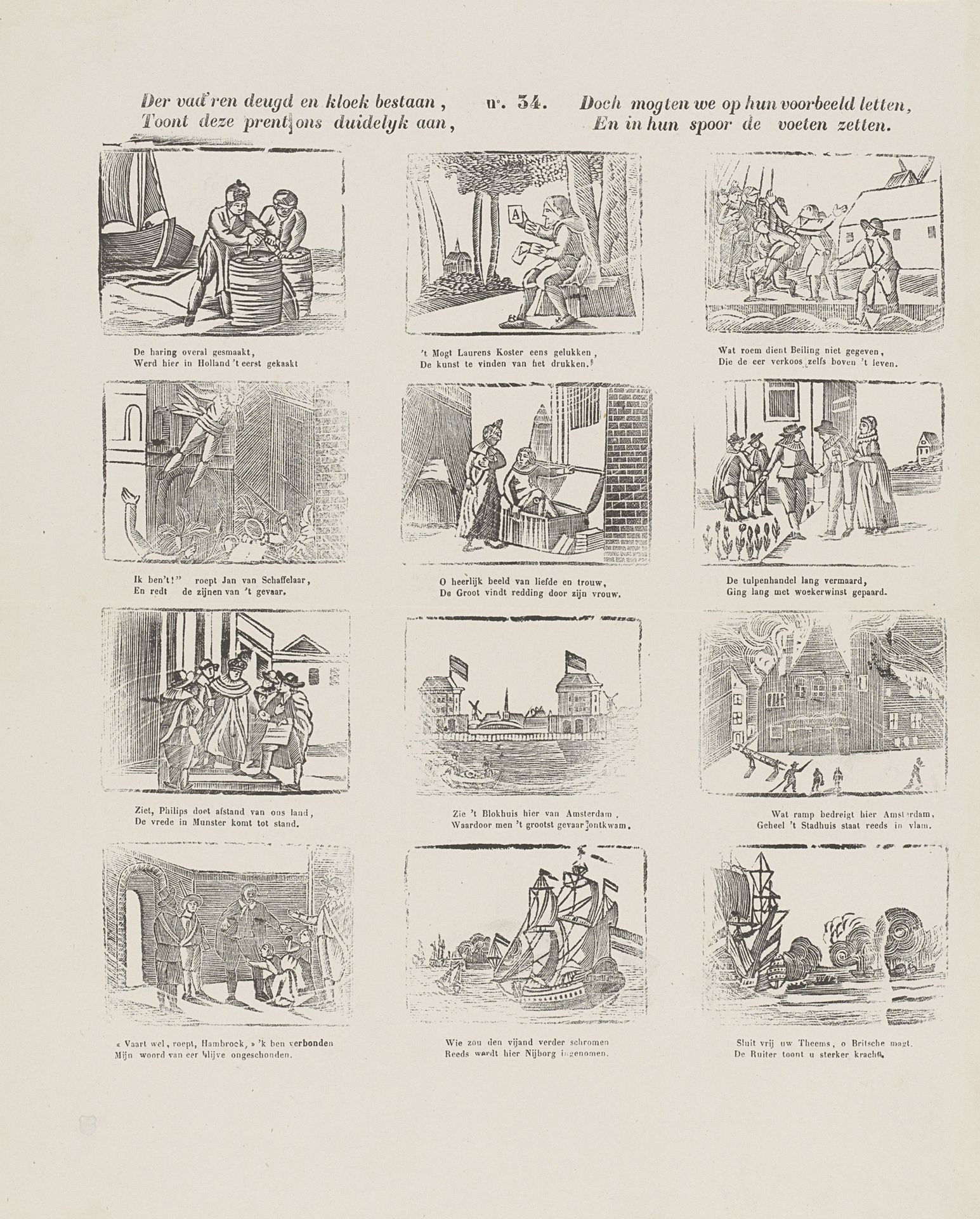 Der vad'ren deugd en kloek bestaan / Toont deze prent ons duidelyk aan / Doch mogten we op hun voorbeeld letten, / En in hun spoor de voeten zetten by Lutkie & Cranenburg