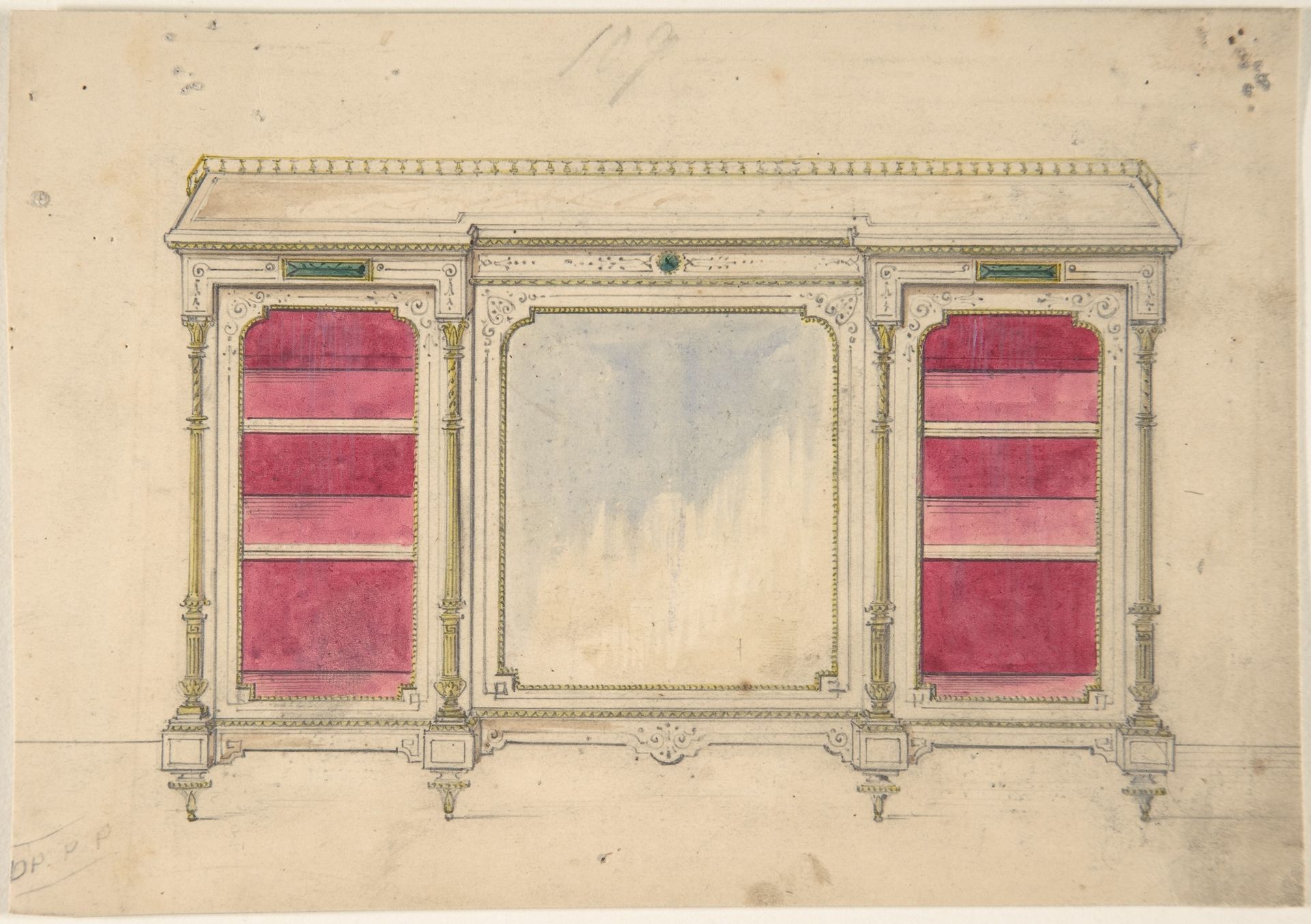 Cabinet Design with a Mirrored Front and Red Shelves by Anonymous