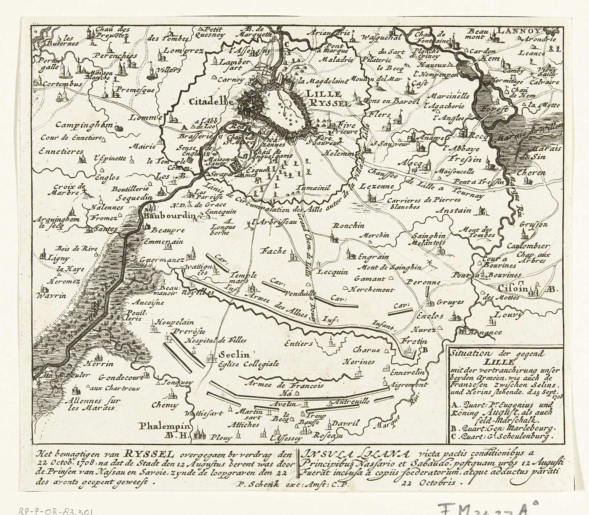Kaart van het beleg van Lille, 1708 by Pieter Schenk