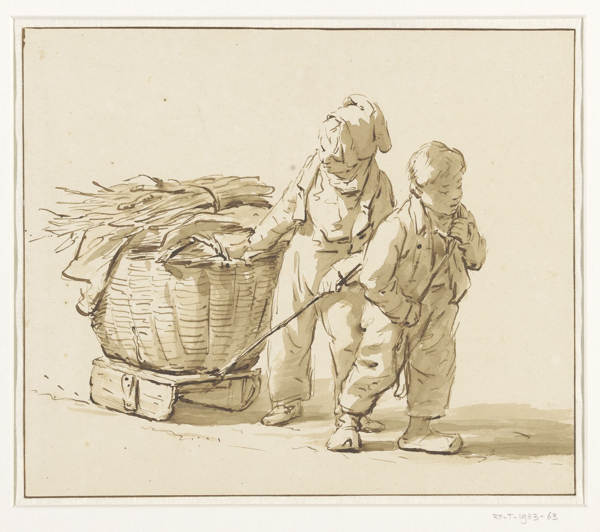 Twee kinderen, die een slee met een mand met hout voortslepen by Pieter Christoffel Wonder