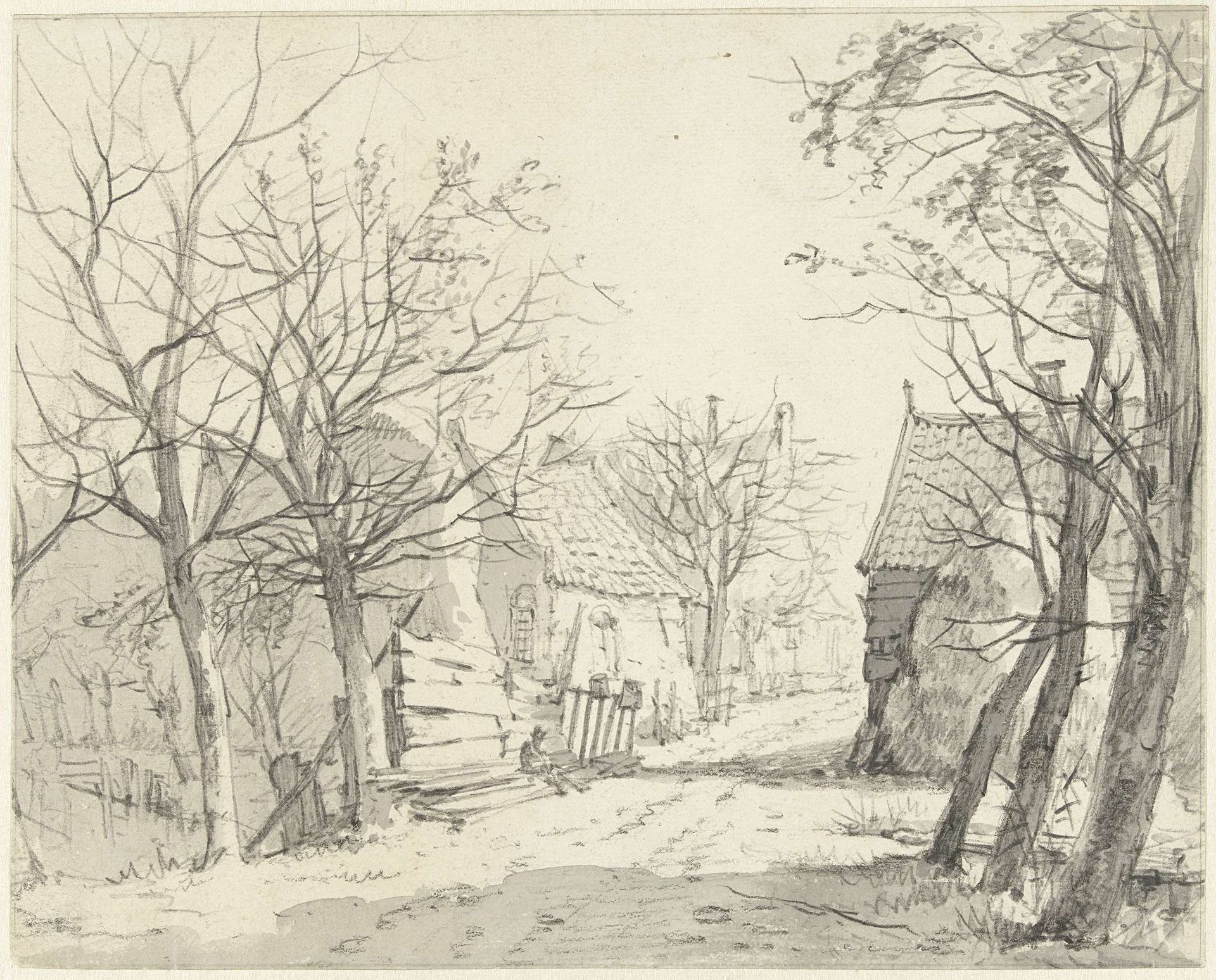 Herfstgezicht met aan weerszijden van een weg boerenwoningen by François Joseph (II) Pfeiffer