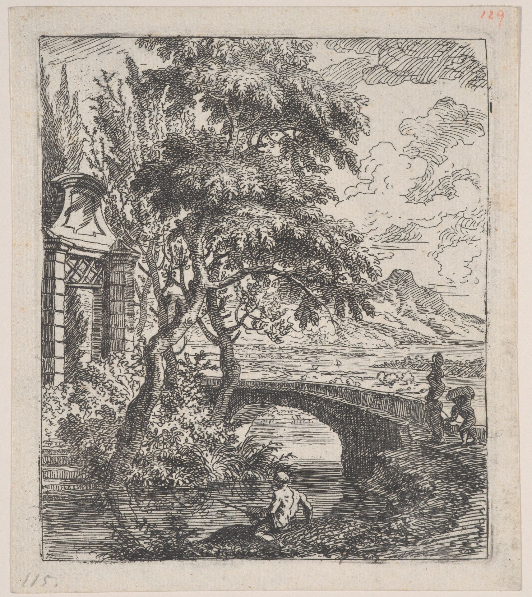 Plate 7: two figures at right about to cross a stone bridge, a fisherman in the foreground, from 'Landscapes in the manner of Gaspar Dughet' by Franz Joachim Beich