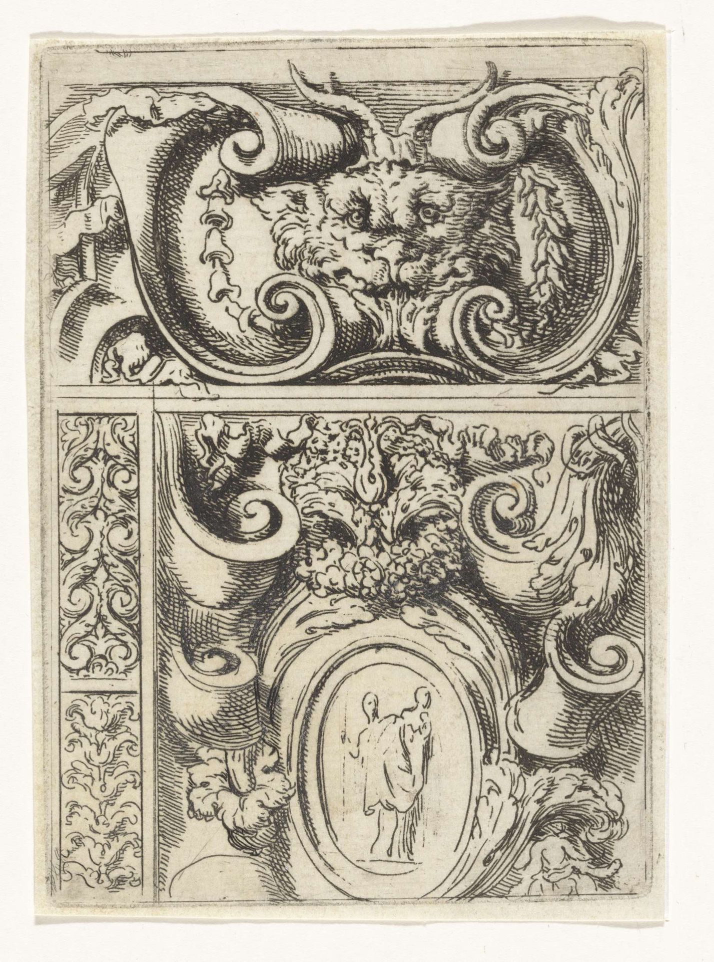 Cartouche met dierenkop en daaronder een cartouche met Madonna met kind by Lieven Mehus