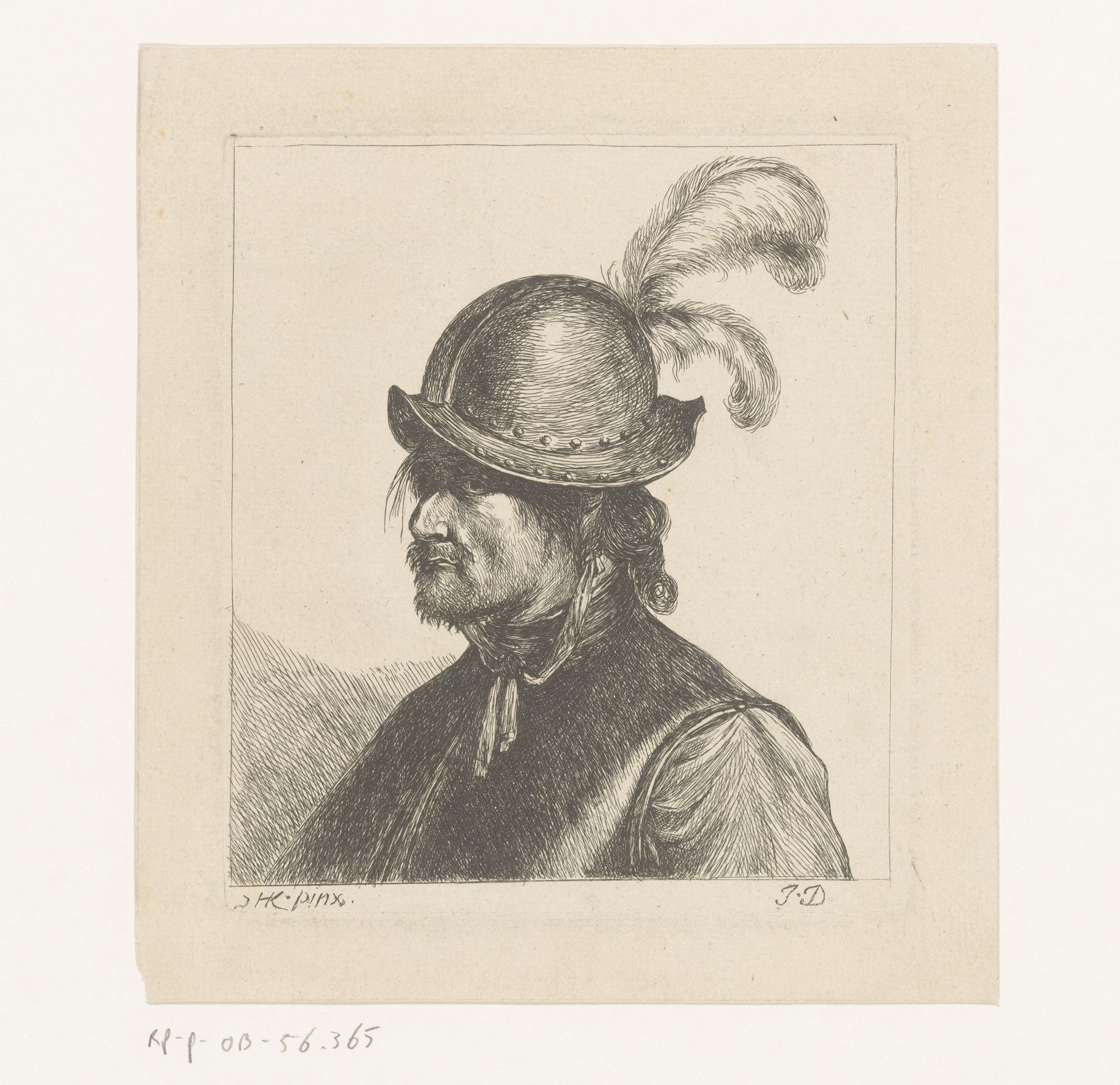 Buste van soldaat met helm met veer by Monogrammist JD (Duitsland)
