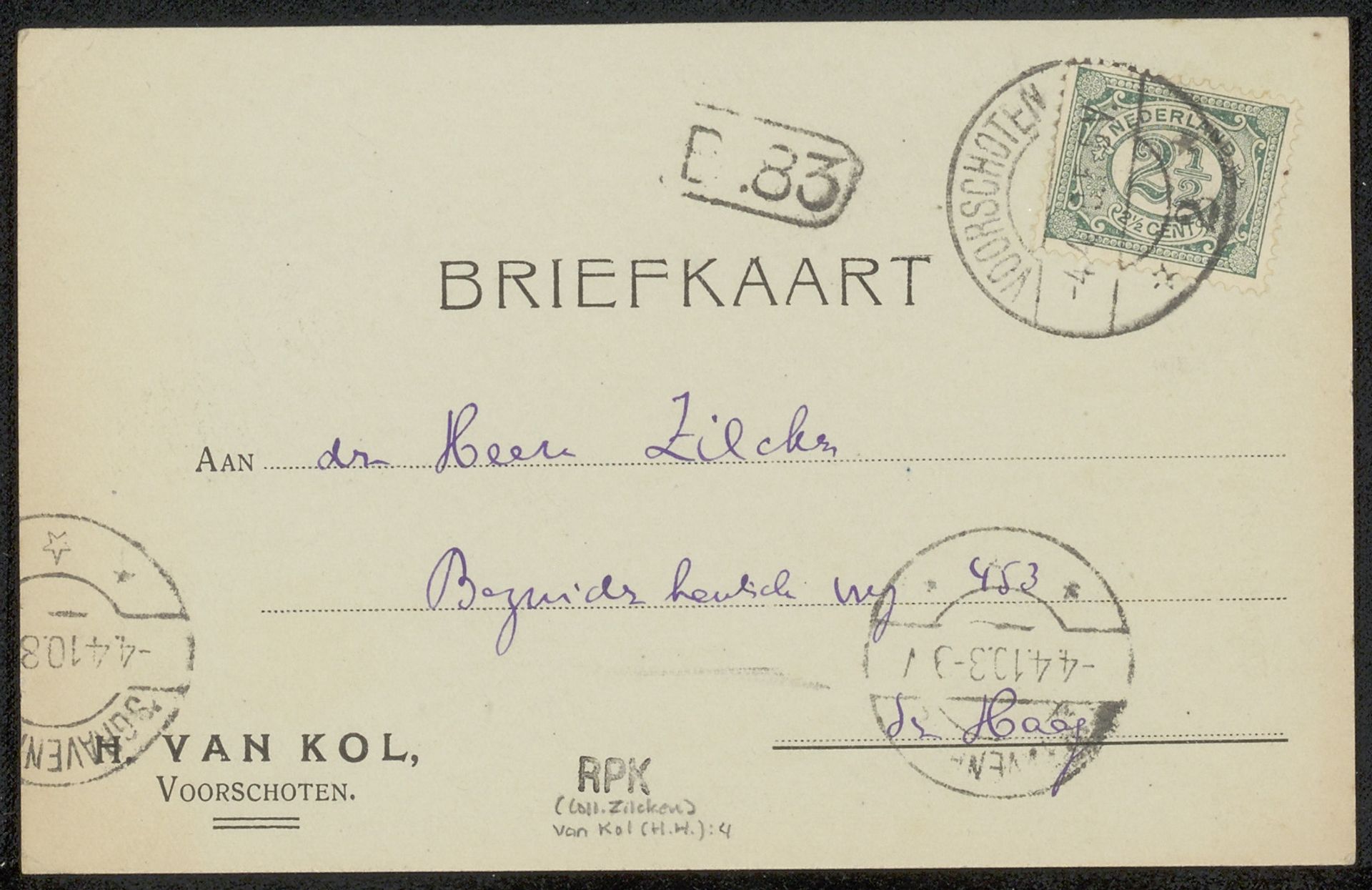 Briefkaart aan Philip Zilcken by Hendrikus Hubertus van Kol