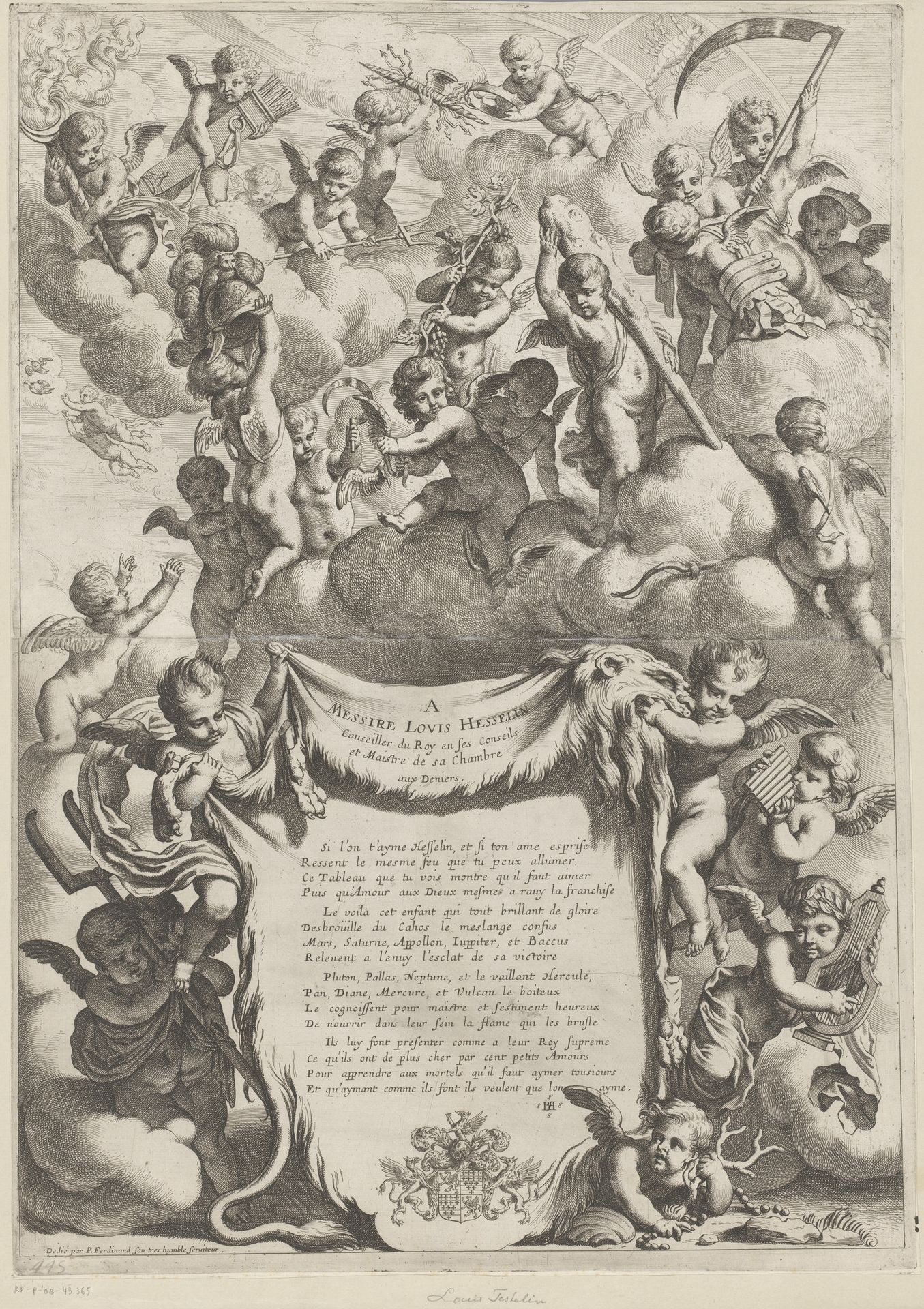 Mythologische figuren in de gedaante van putti rond een kader met opdracht by Pierre Elle