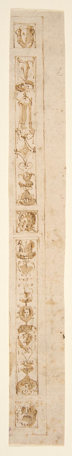 Design for a Pilaster with Two Candelabra Grotesques and Three Masks by Giuseppe Salviati (Giuseppe Porta, called Il Salviati)