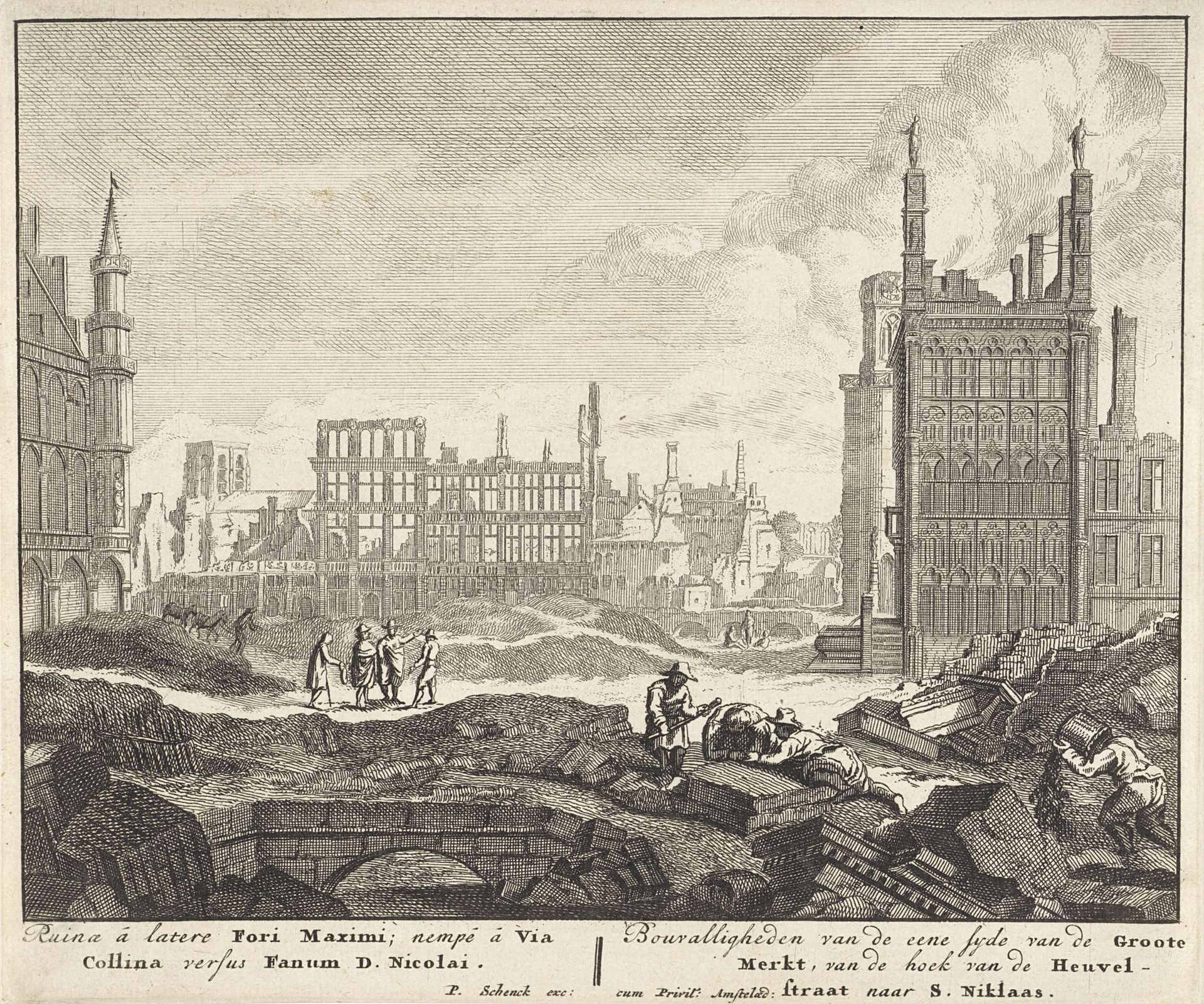 Ruïnes op de Grote Markt te Brussel, 1695 by Pieter Schenk