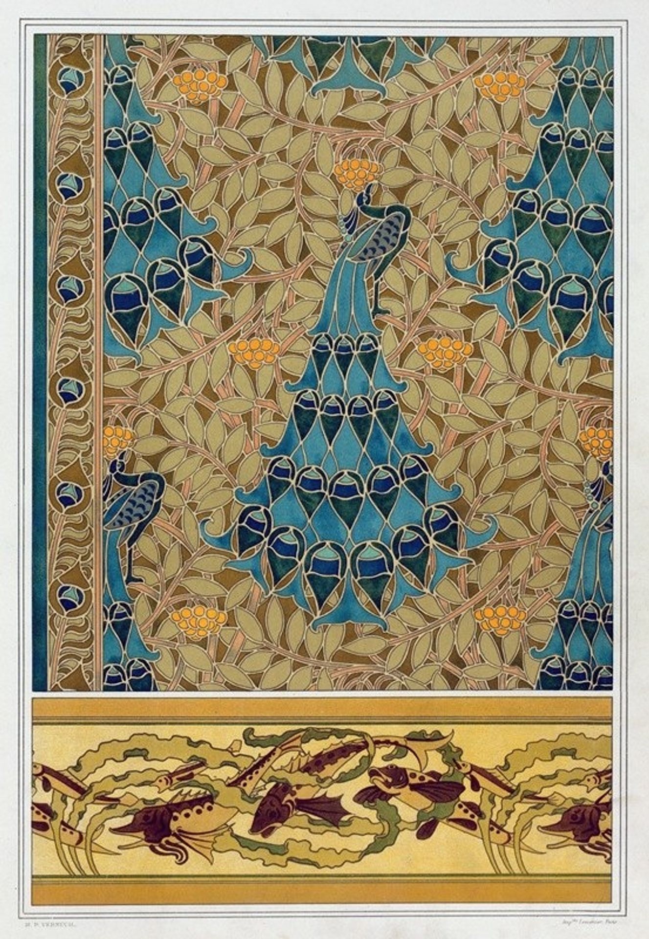 Paons dans les sorbiers, pochoir; poissons et algues, bordure by Maurice Pillard Verneuil
