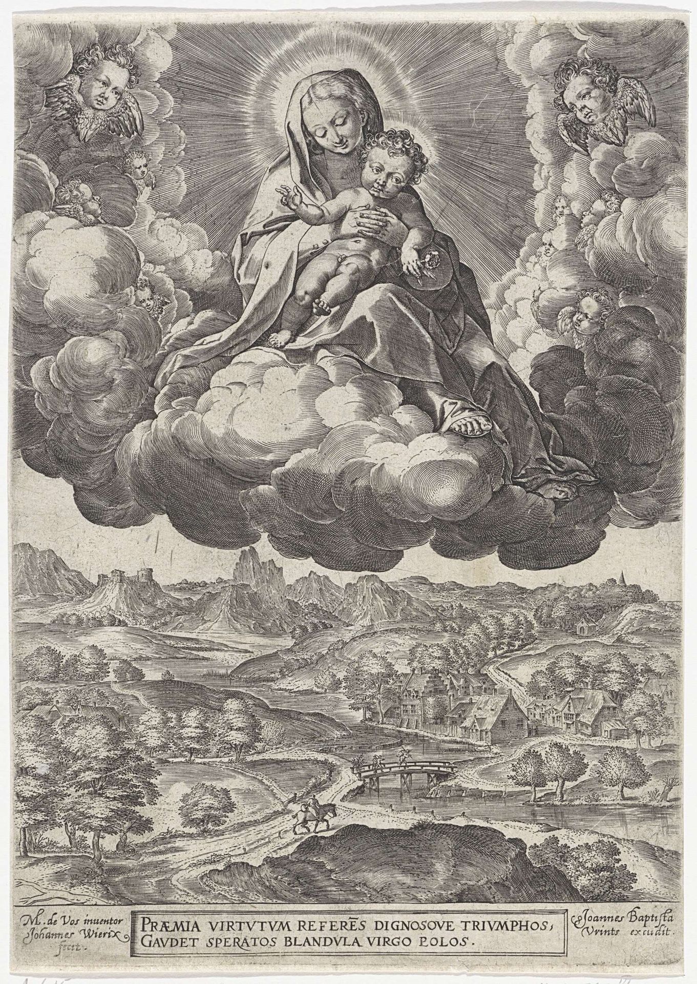 Maria met het Christuskind op de wolken by Wierix